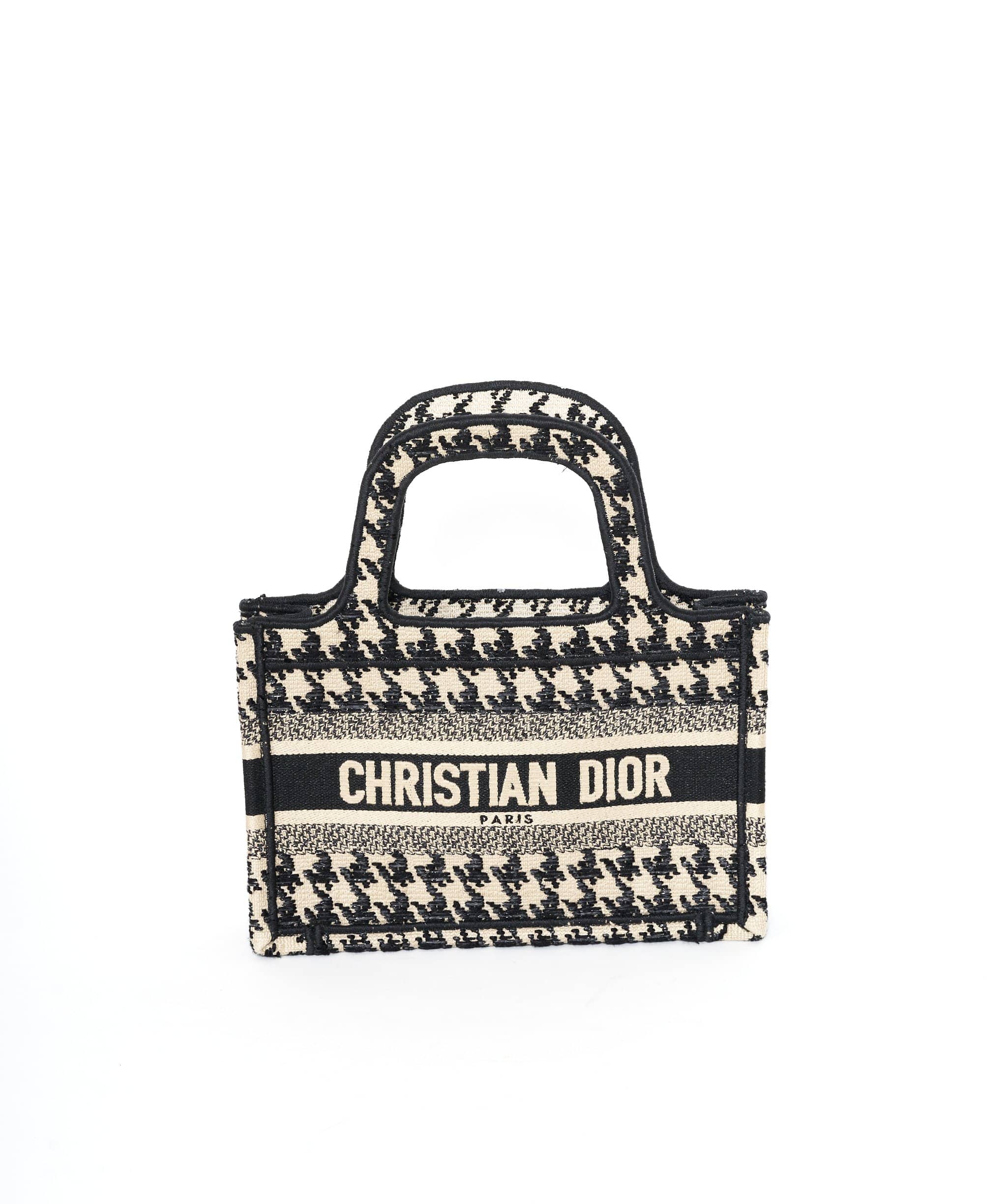 Christian Dior Book Tote Houndstooth Canvas Small Black, Print, White