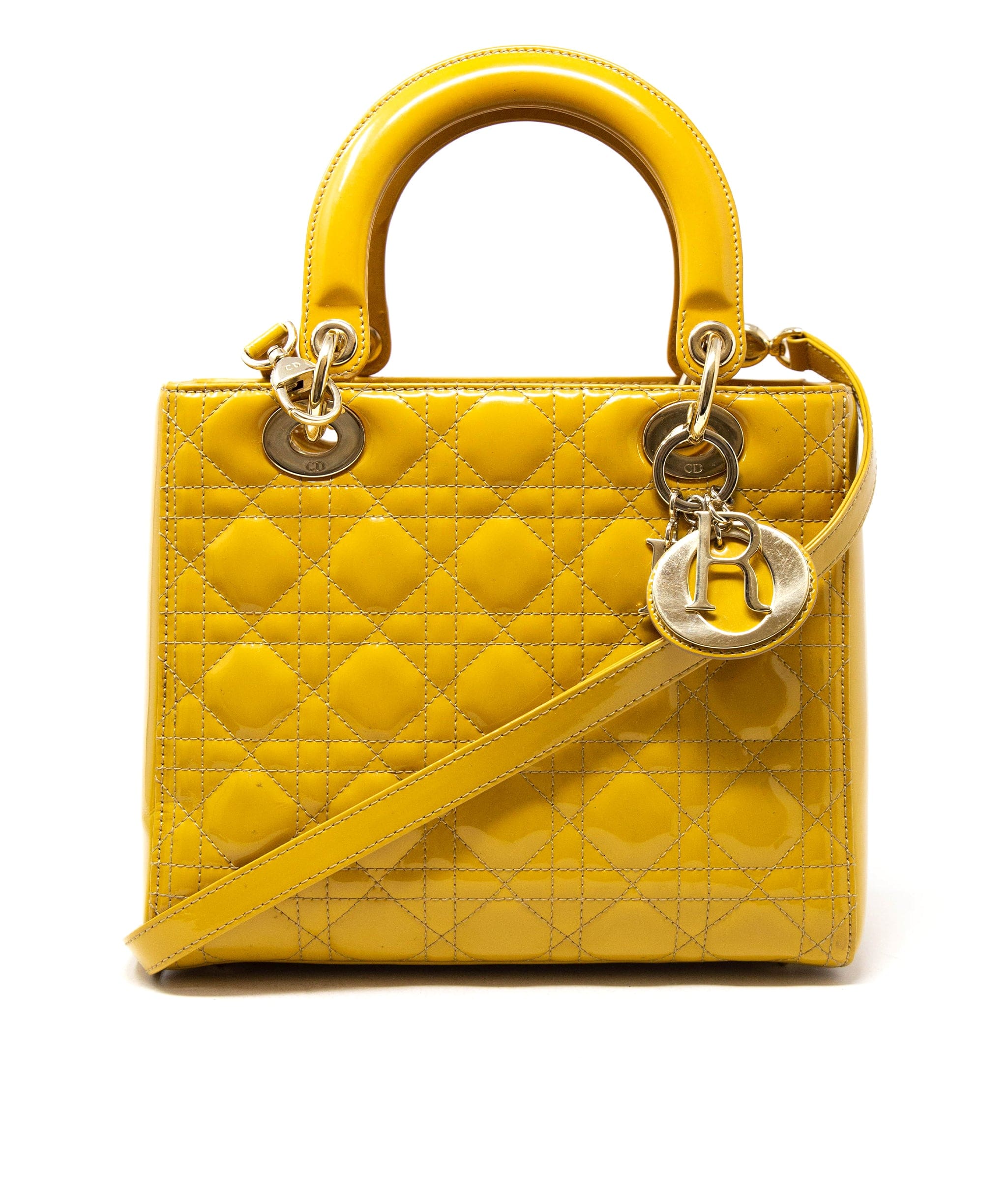 Classic handbag, Patent calfskin & gold-tone metal, yellow — Fashion