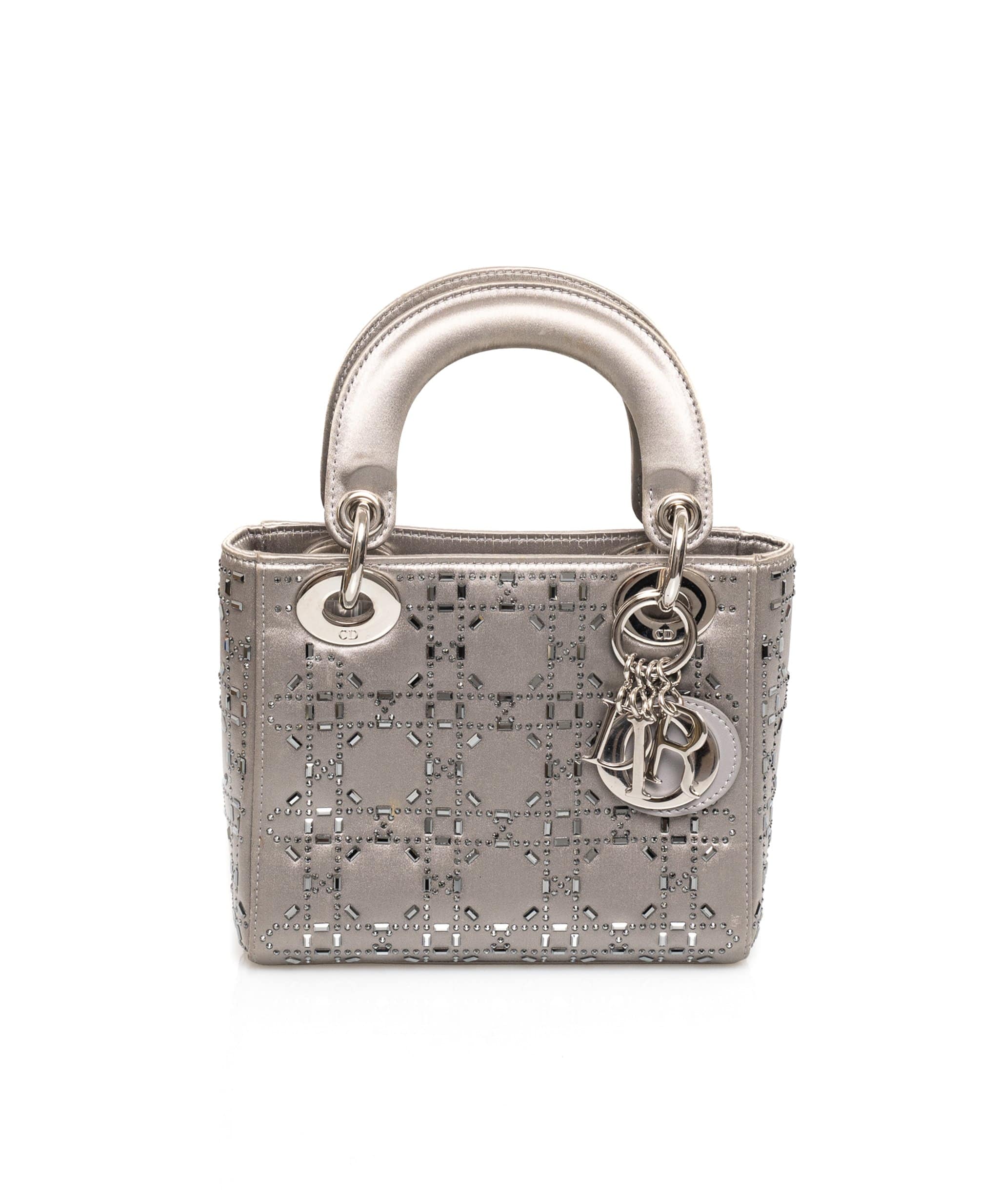 Lady Dior Mini in Silver Satin Bag with Crystal Details - AWL1627