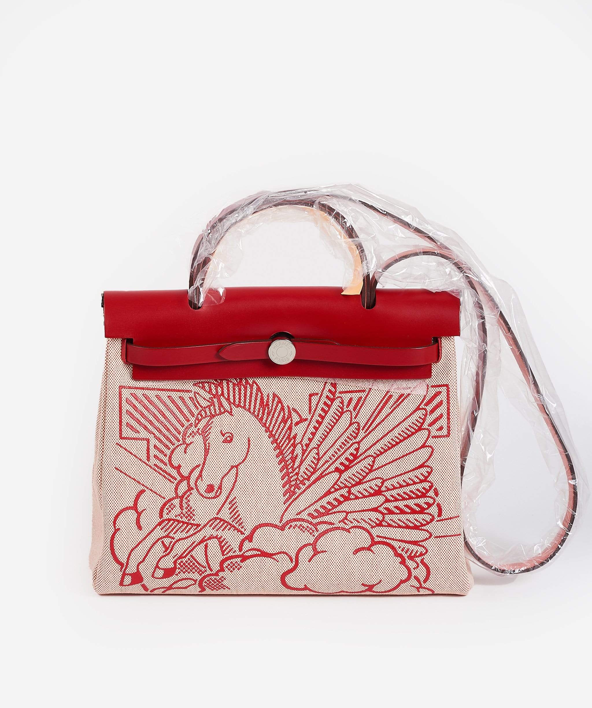 Hermes Herbag Bag Pegasus Canvas Palladium Hardware In Red