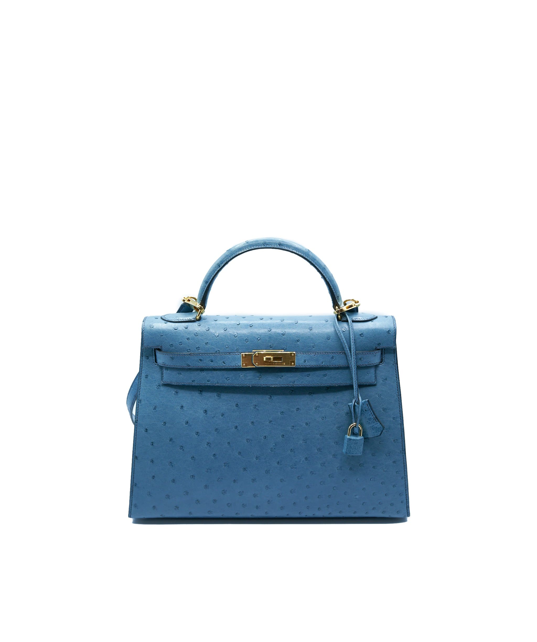 Hermès Kelly 32 Blue Jean Ostrich GHW For Sale at 1stDibs