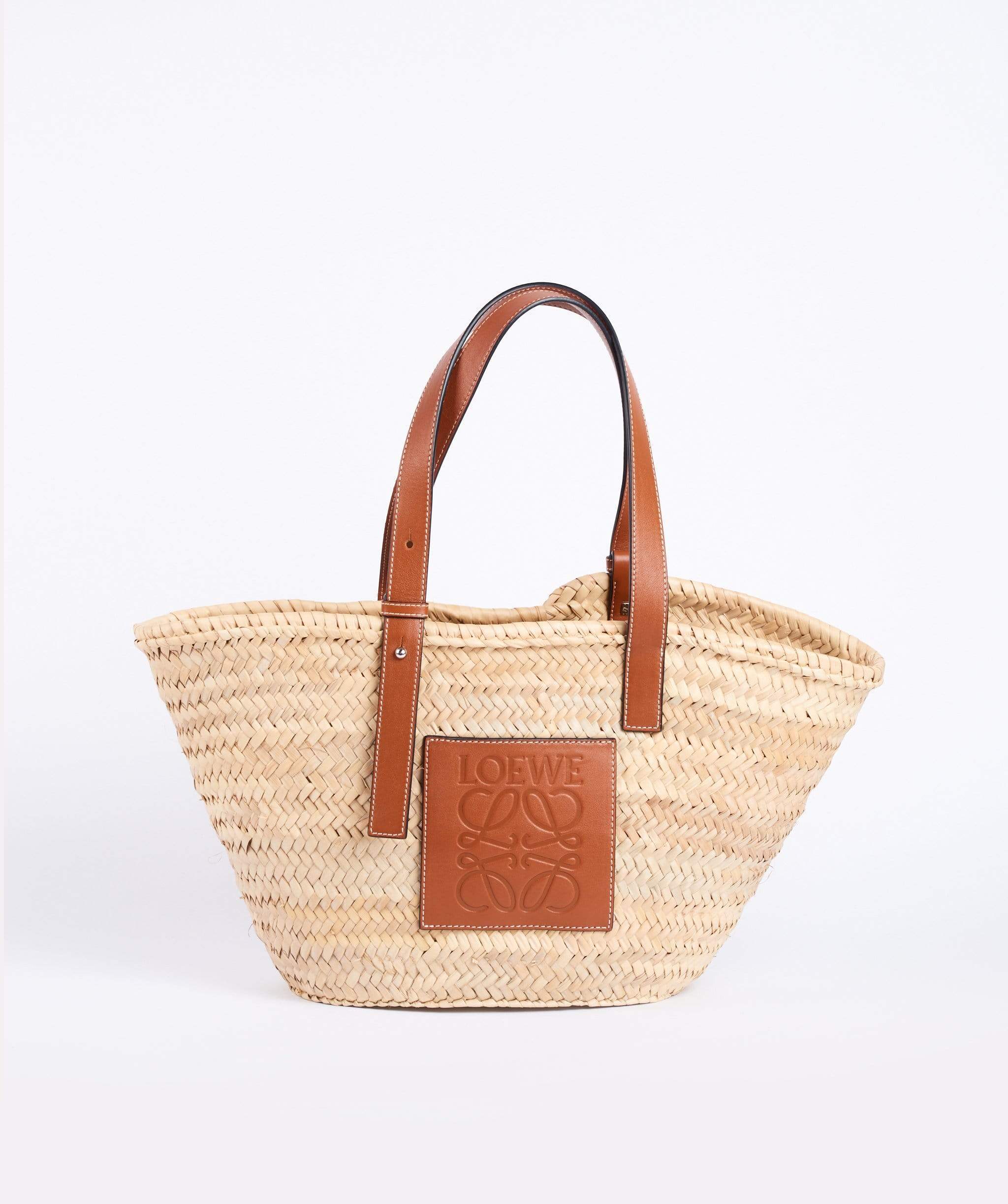 Small Basket bag in palm leaf and calfskin Light Blue - LOEWE