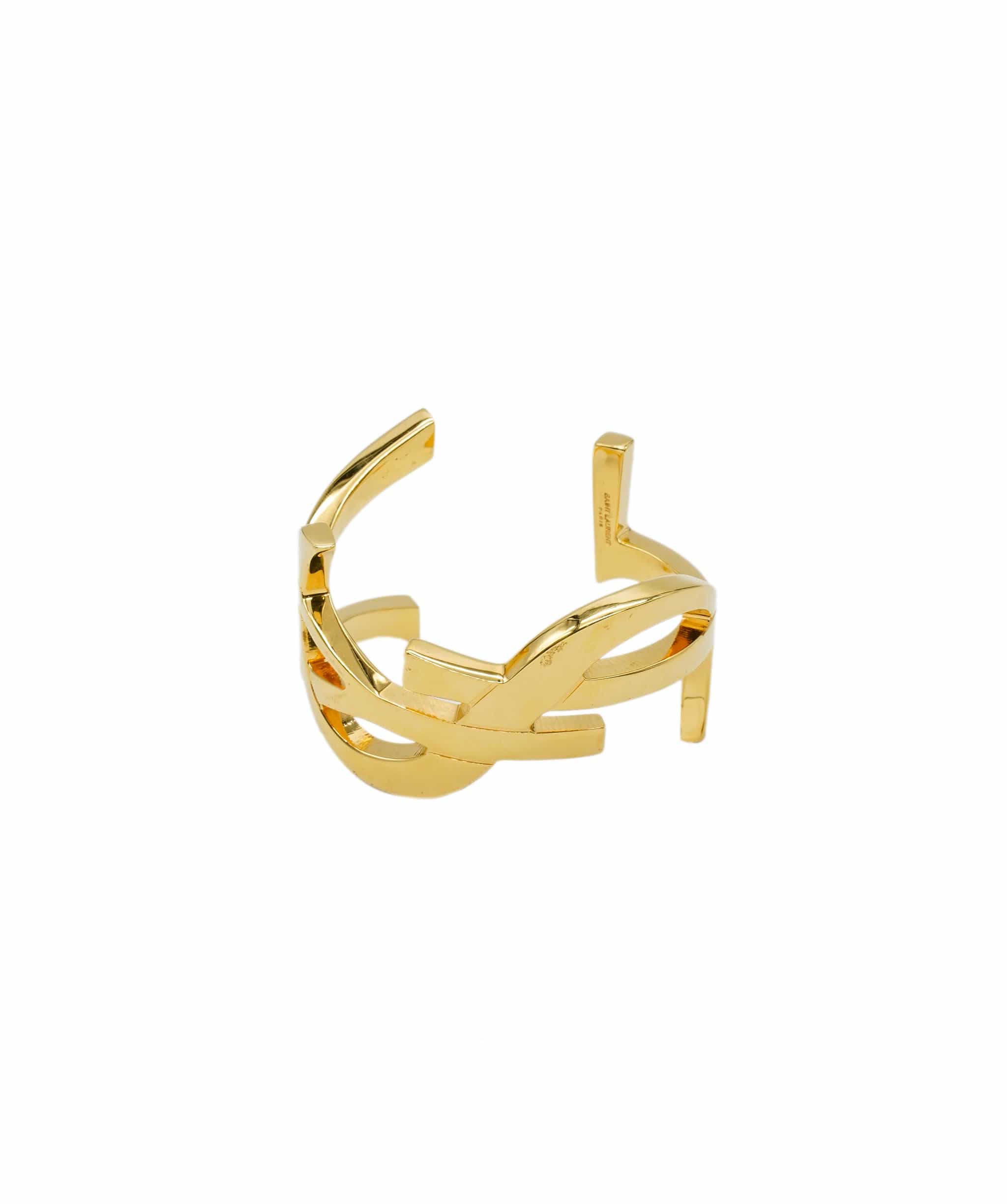 Saint Laurent Cassandre YSL Monogram Gold Brass Cuff Bracelet
