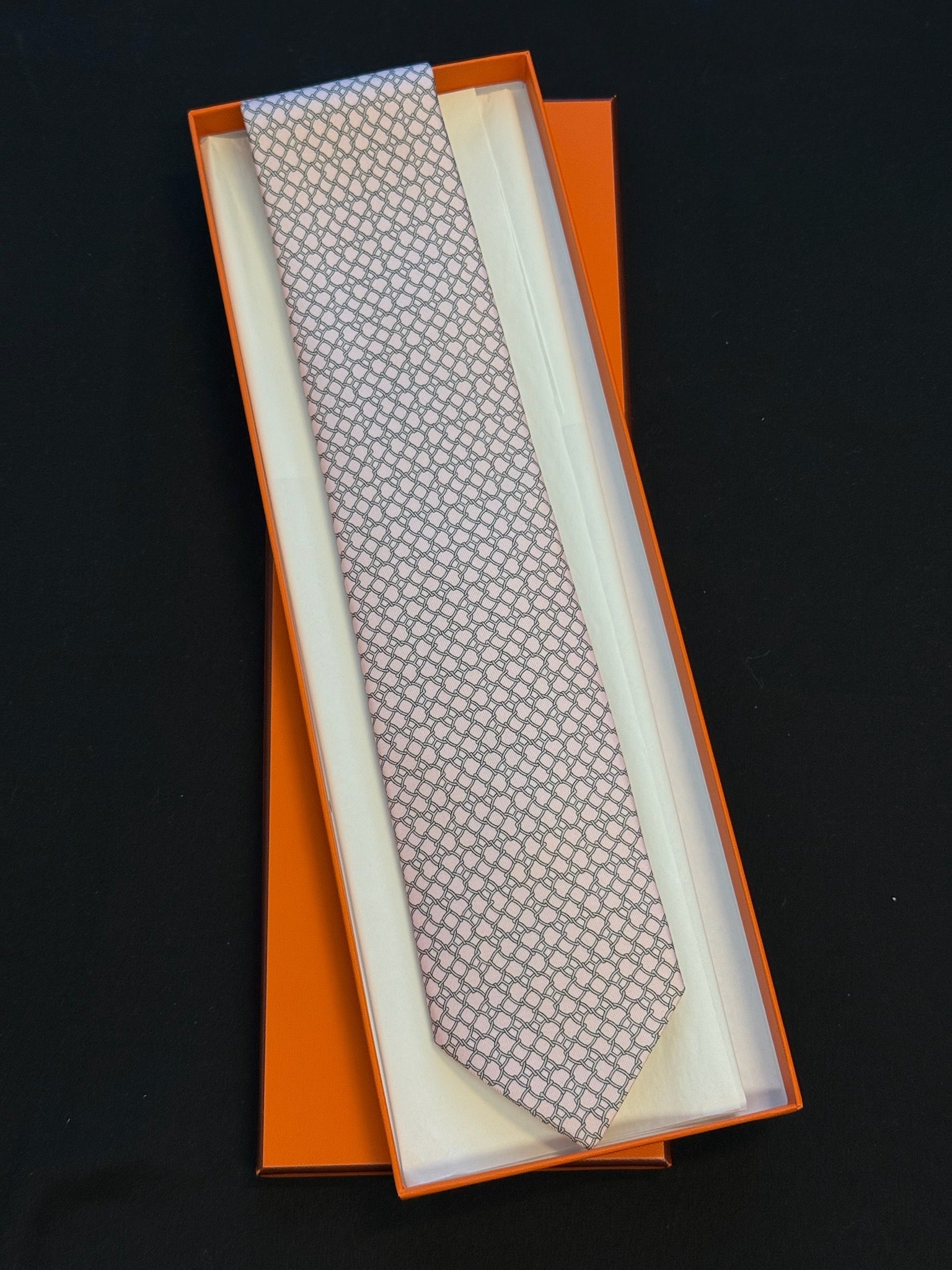 Hermès Silk Tie – Pink / Grey Geometric Print image 1