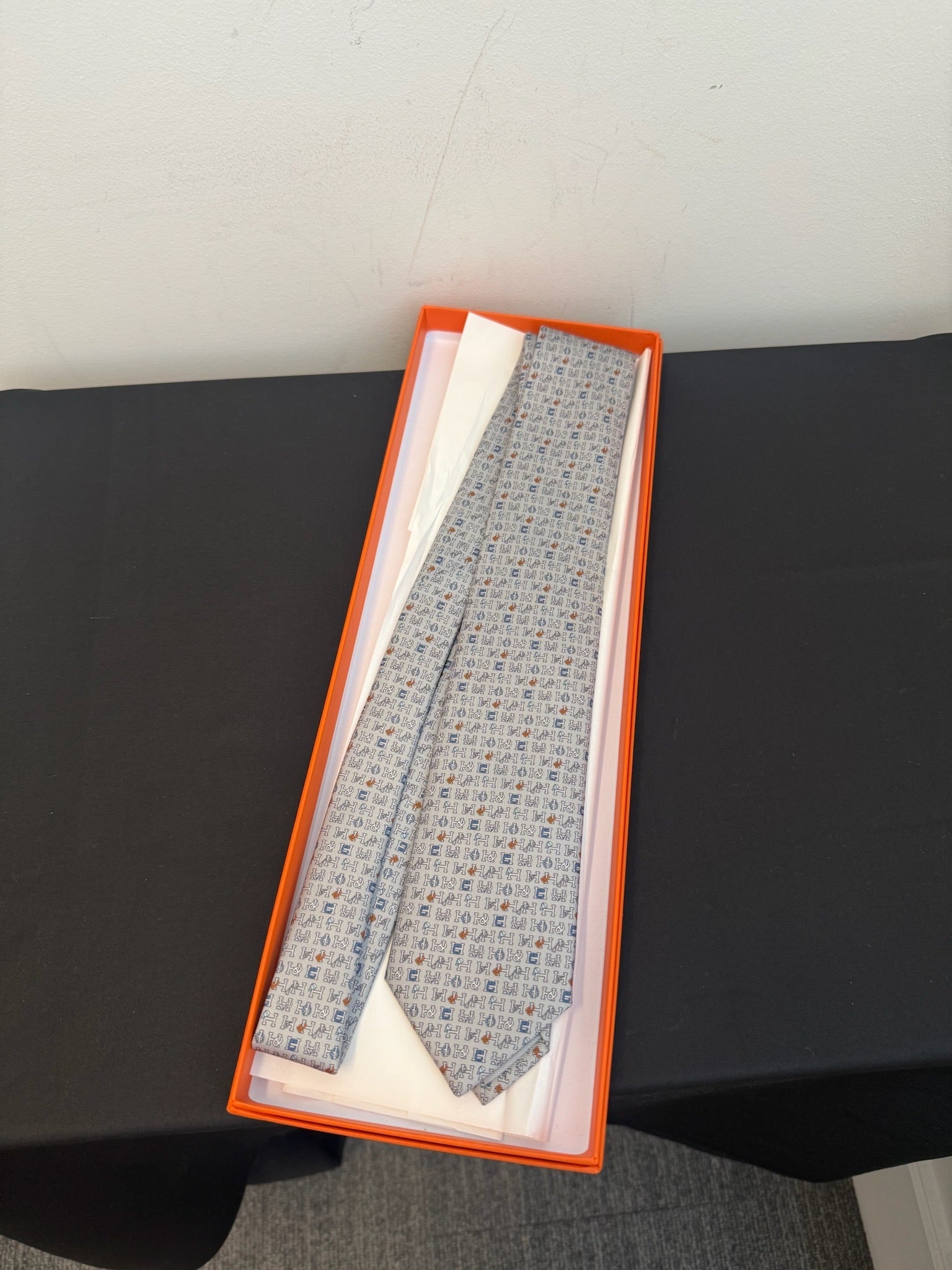 Hermès Twill Tie 7 - Gris Marine Orange image 1