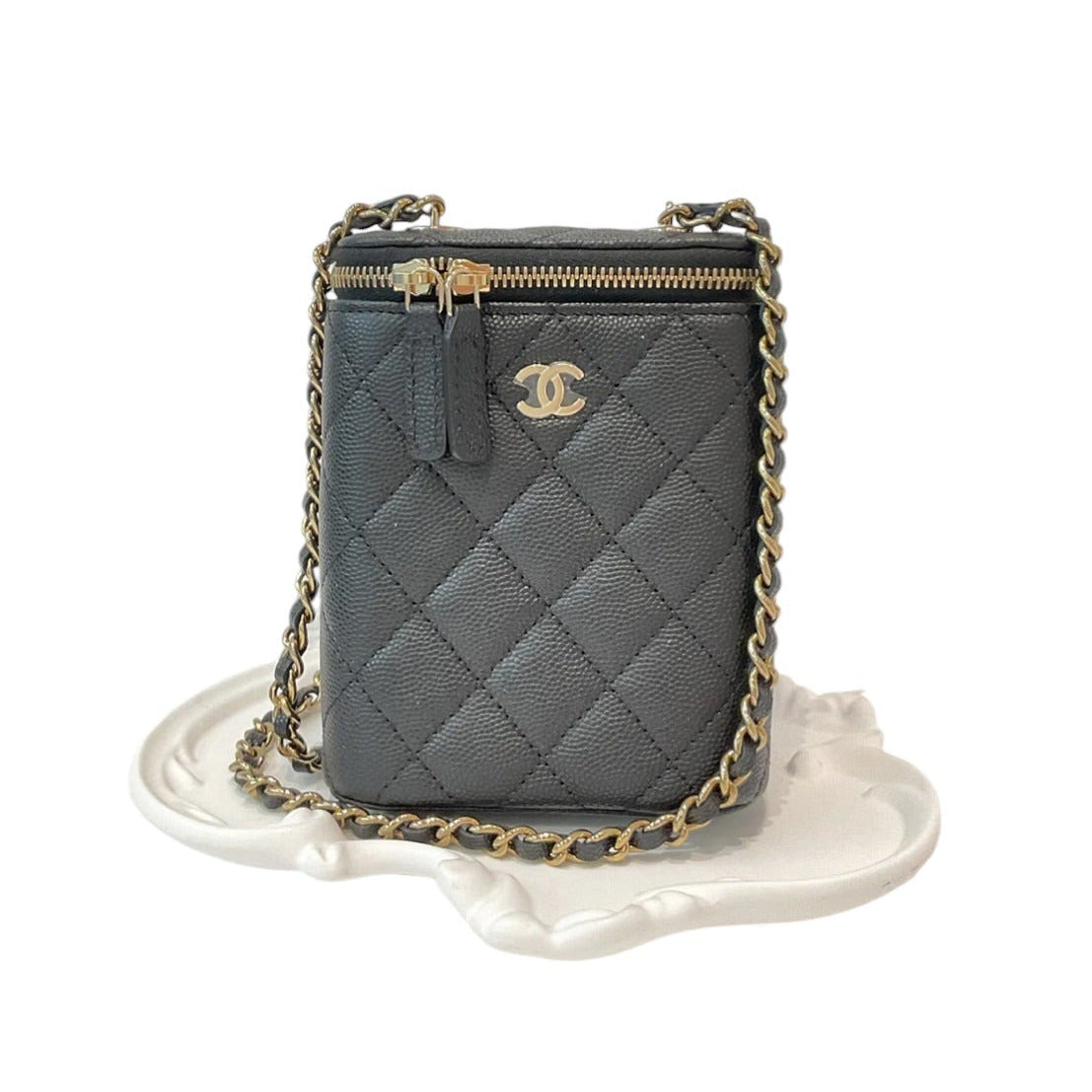 Chanel Black Vertical CC Vanity Case In Caviar Leather with GHW - Full Set