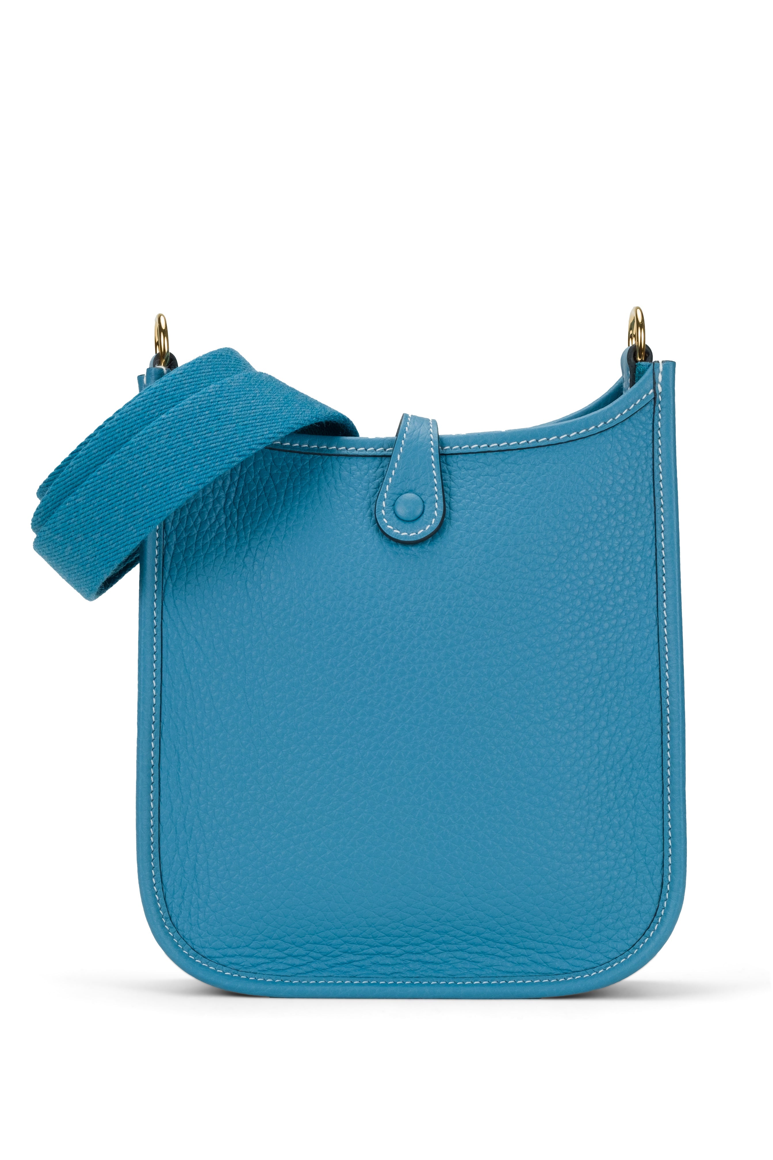 HERMÈS MINI EVELYNE TPM BLUE JEAN Clemence Leather with Gold Hardware