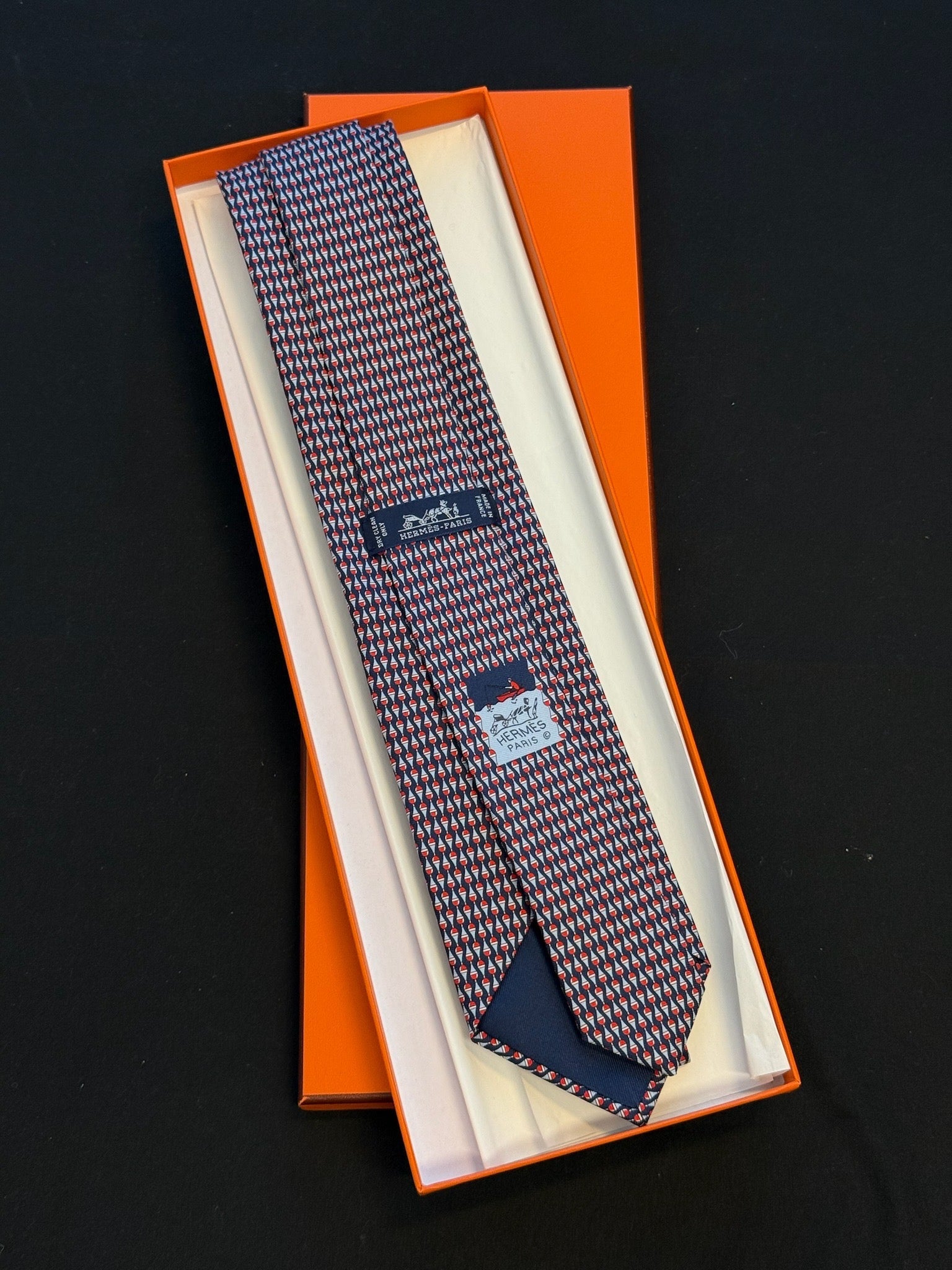 Hermès Silk Tie – Navy / Red Geometric Print image 2