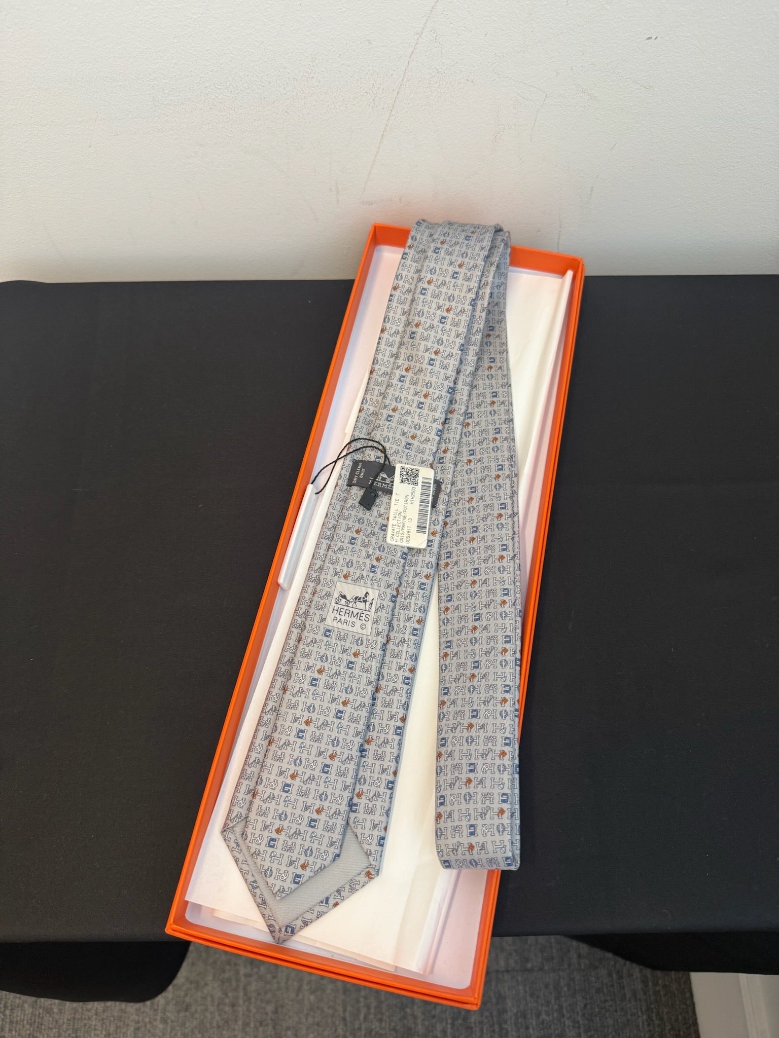 Hermès Twill Tie 7 - Gris Marine Orange image 2