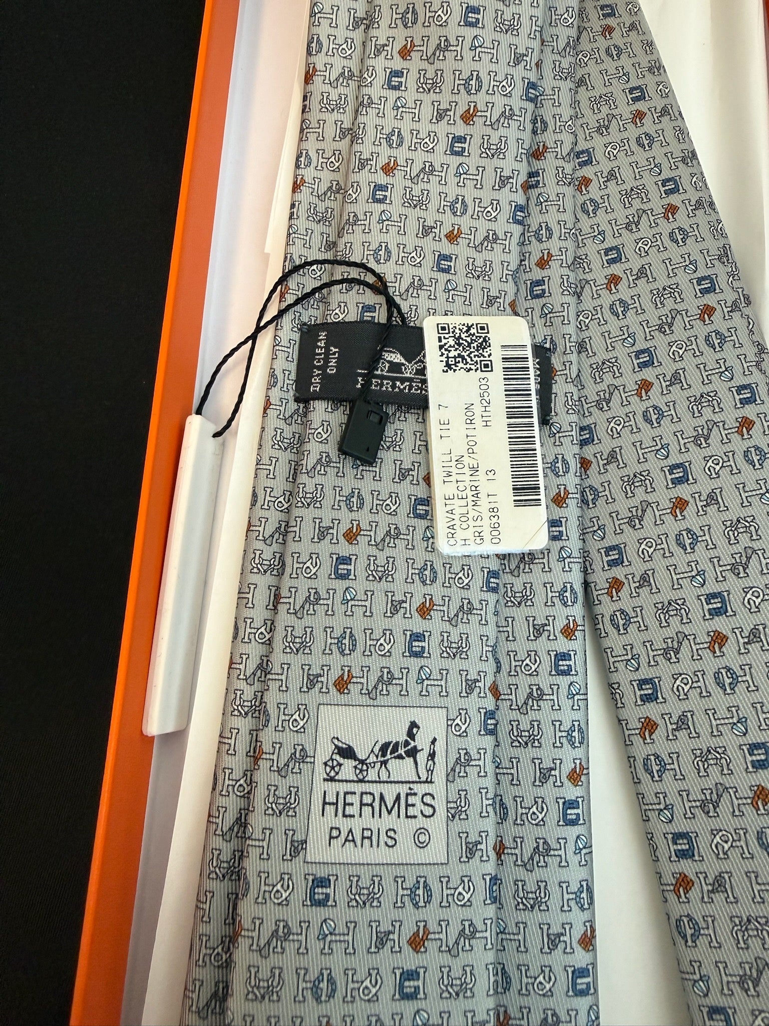 Hermès Twill Tie 7 - Gris Marine Orange image 3