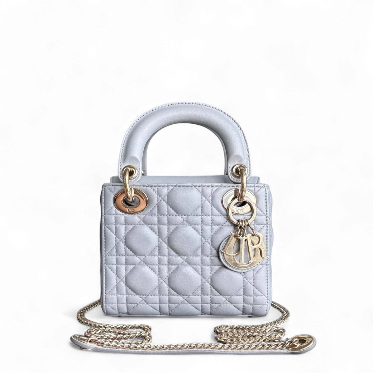 DIOR LADY MINI - CANNAGE LAMBSKIN GREY GRAY GOLD HARDWARE CHAIN STRAP SYCM521