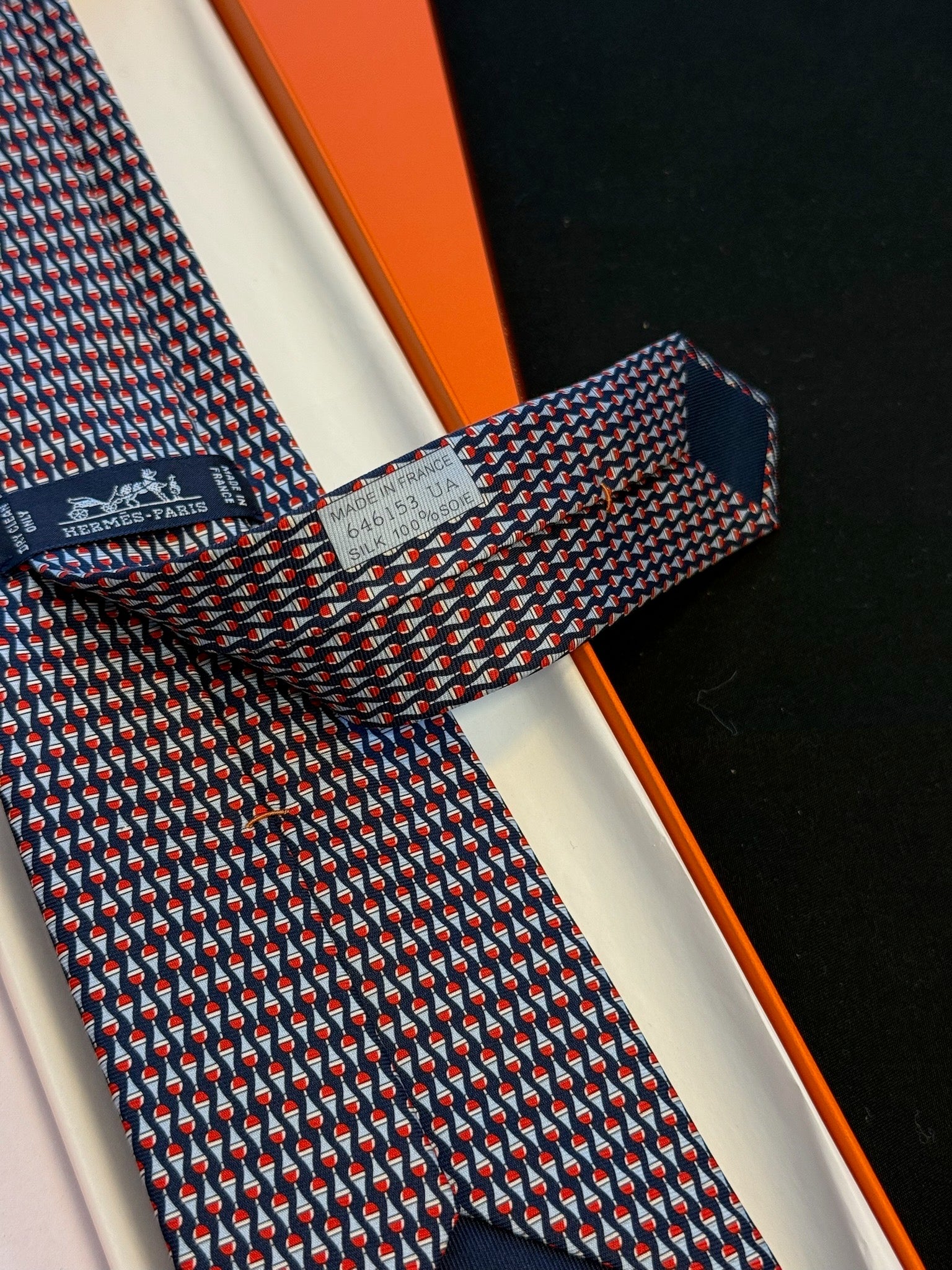 Hermès Silk Tie – Navy / Red Geometric Print image 4