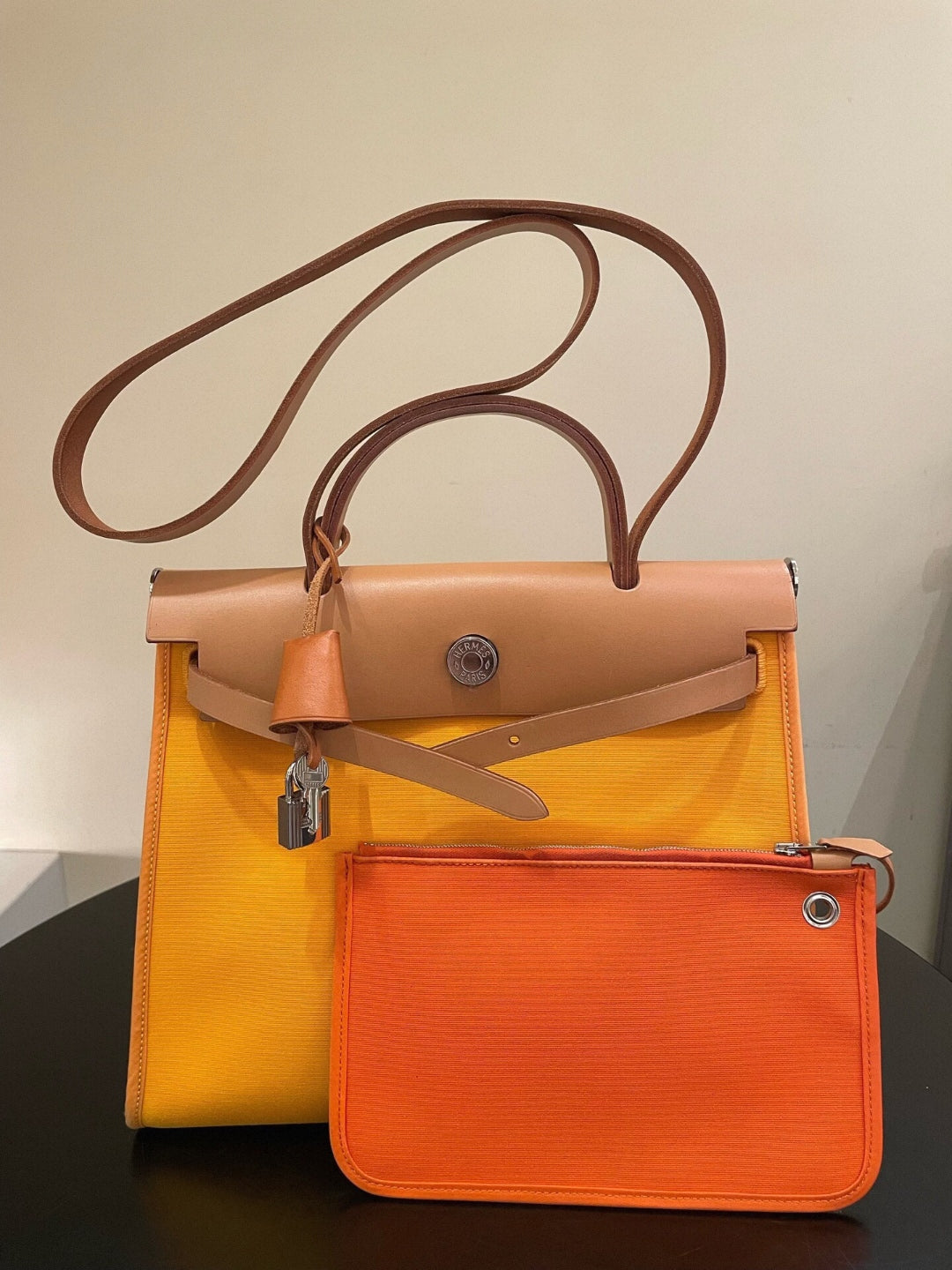 Hermès Herbag 31cm Soleil Yellow with Orange Interior Stamp Q