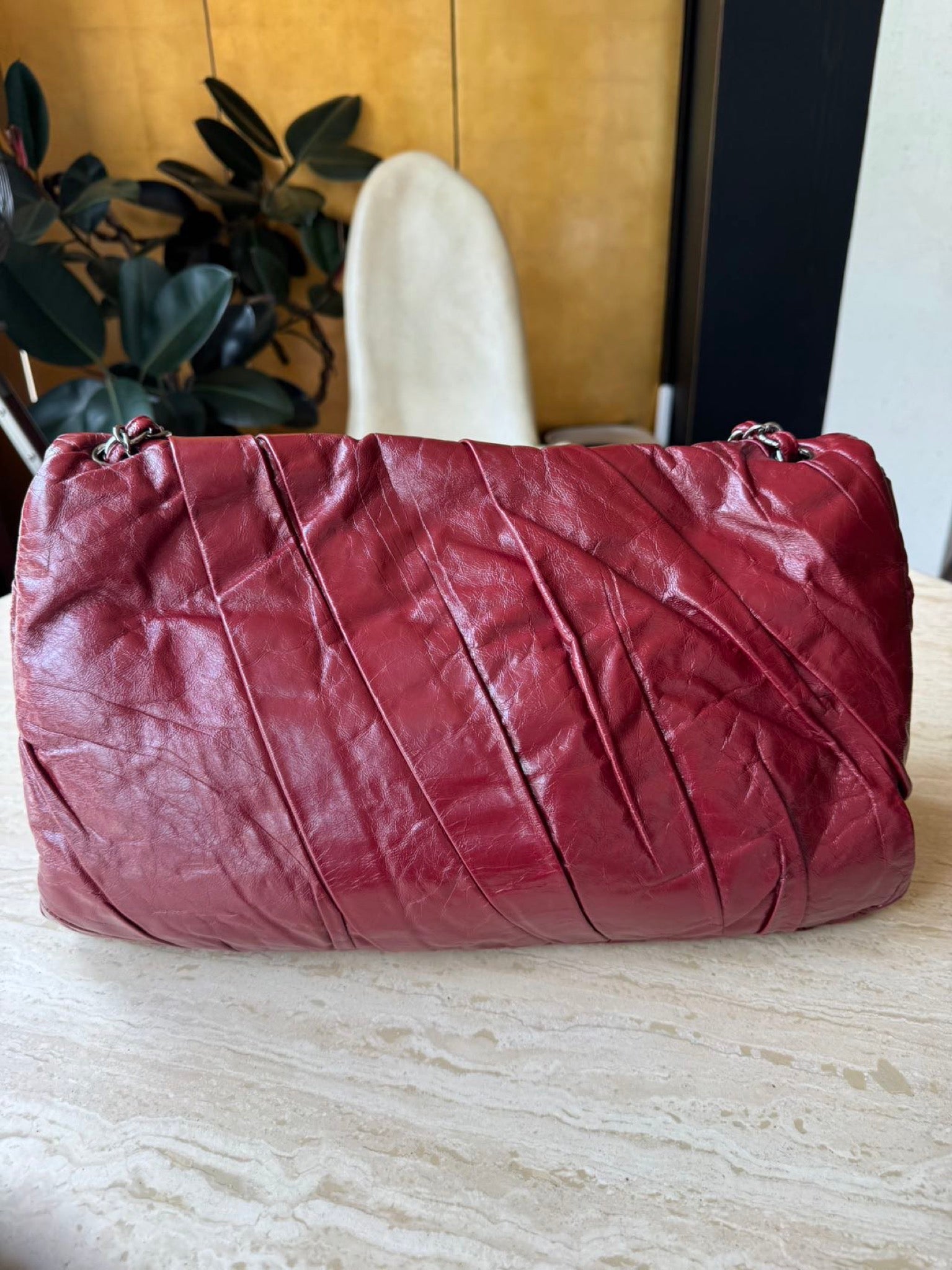 Chanel XXL Airport Flap Bag Burgundy Waxed Leather Silver Hardware image 5