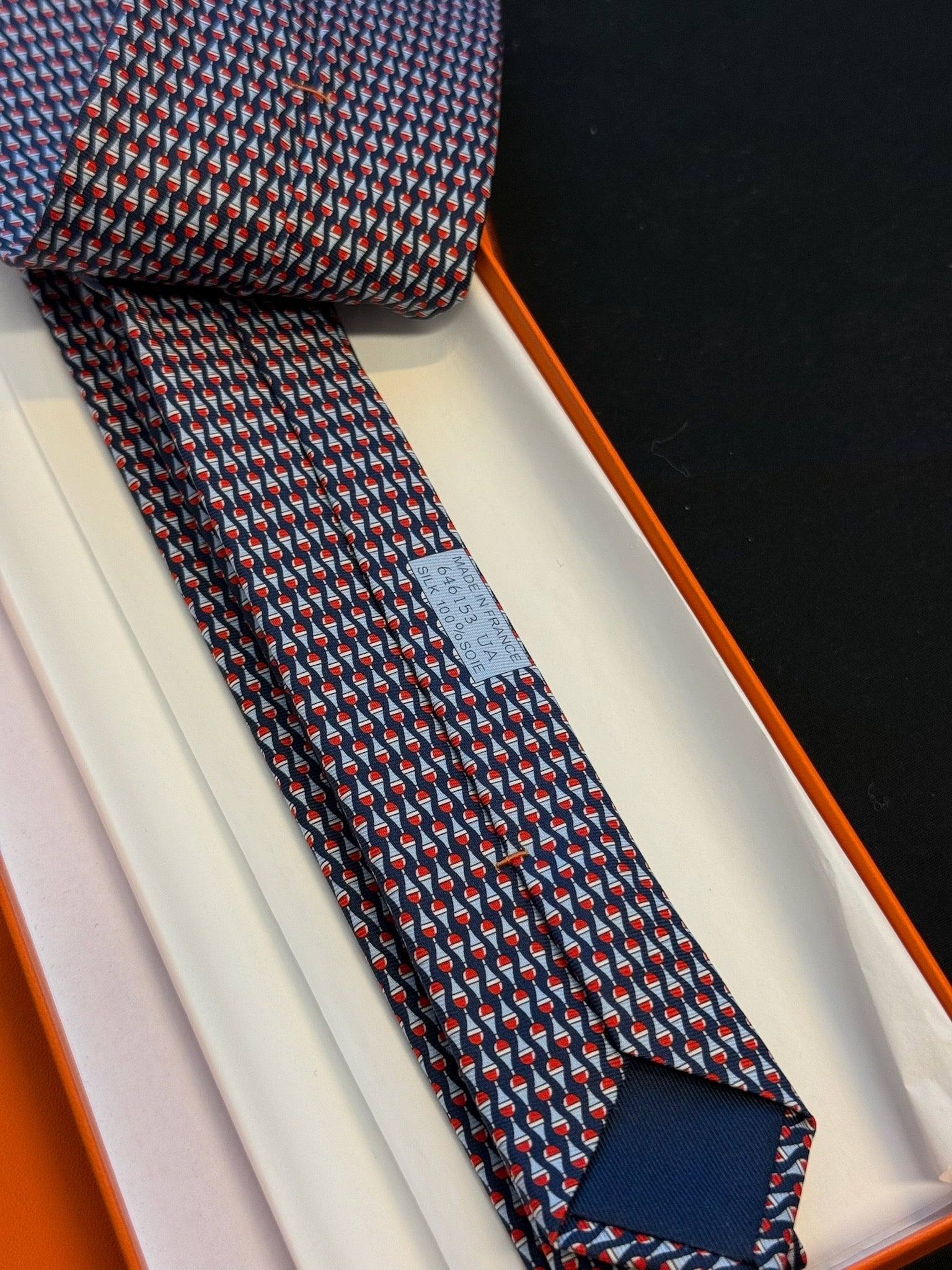 Hermès Silk Tie – Navy / Red Geometric Print image 5
