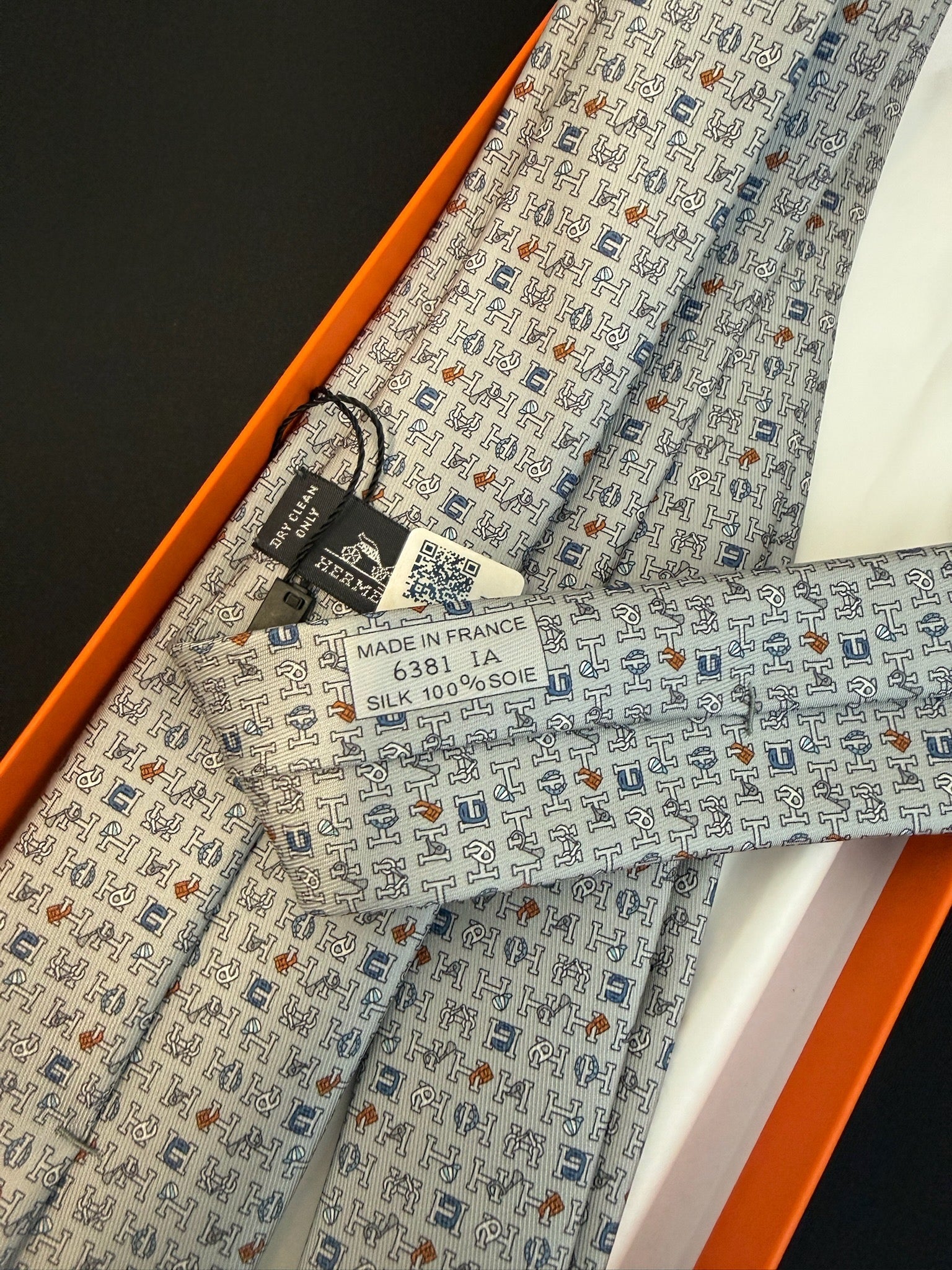 Hermès Twill Tie 7 - Gris Marine Orange image 5