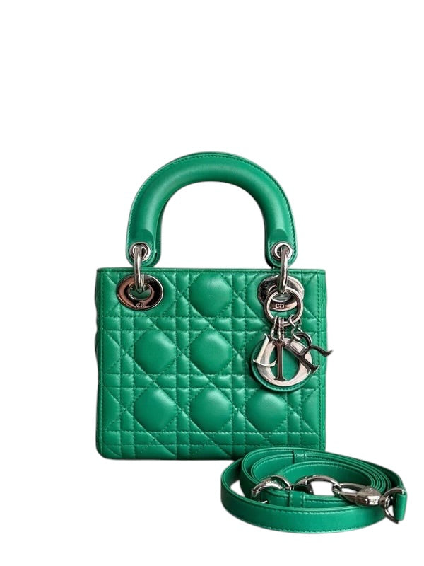 DIOR LADY MINI - CANNAGE LAMBSKIN EMERALD GREEN SILVER HARDWARE ADJUSTABLE STRAP SYCMDA121