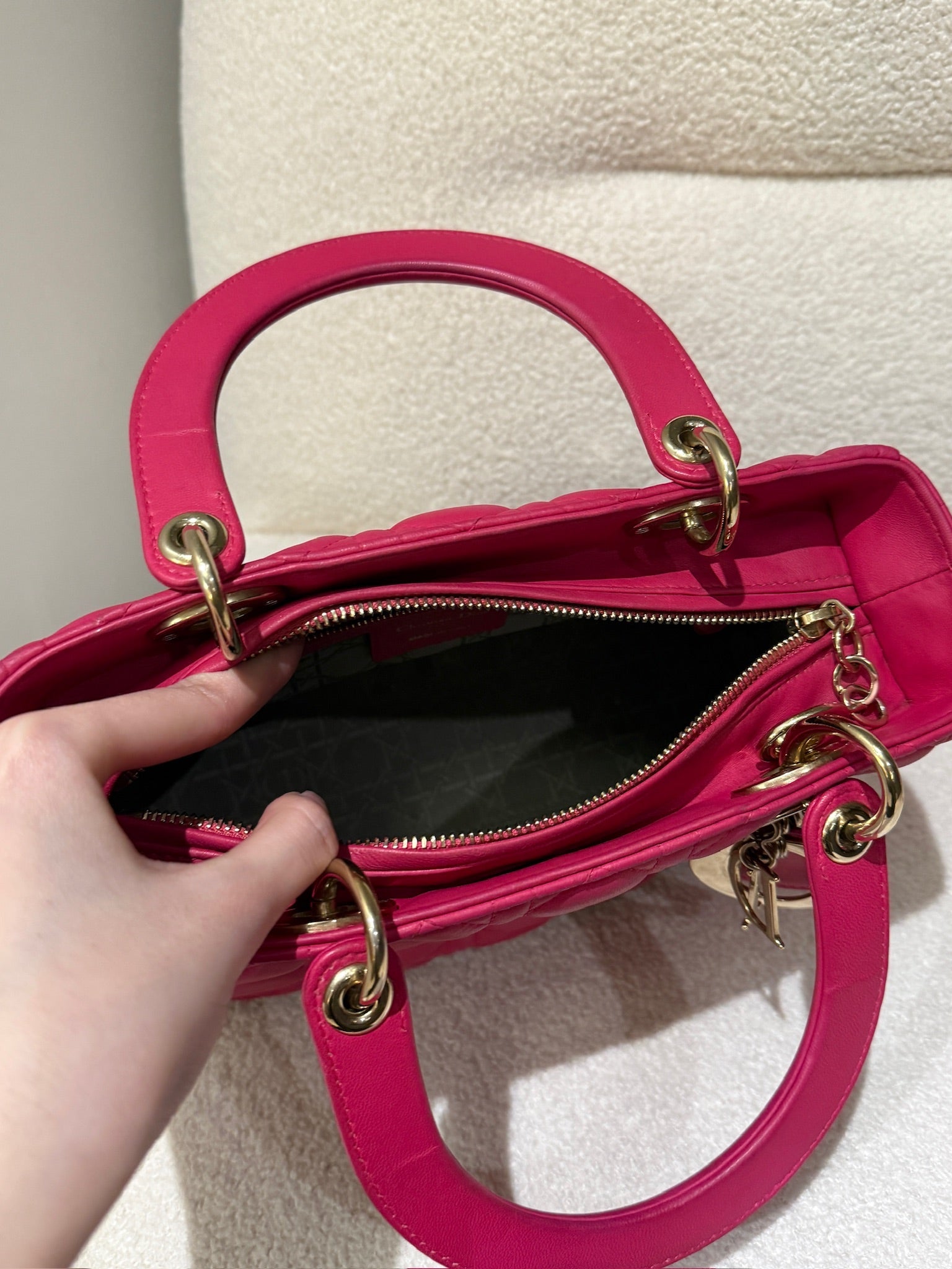Dior Lady Dior Fuchsia Medium Handbag with Detachable Strap