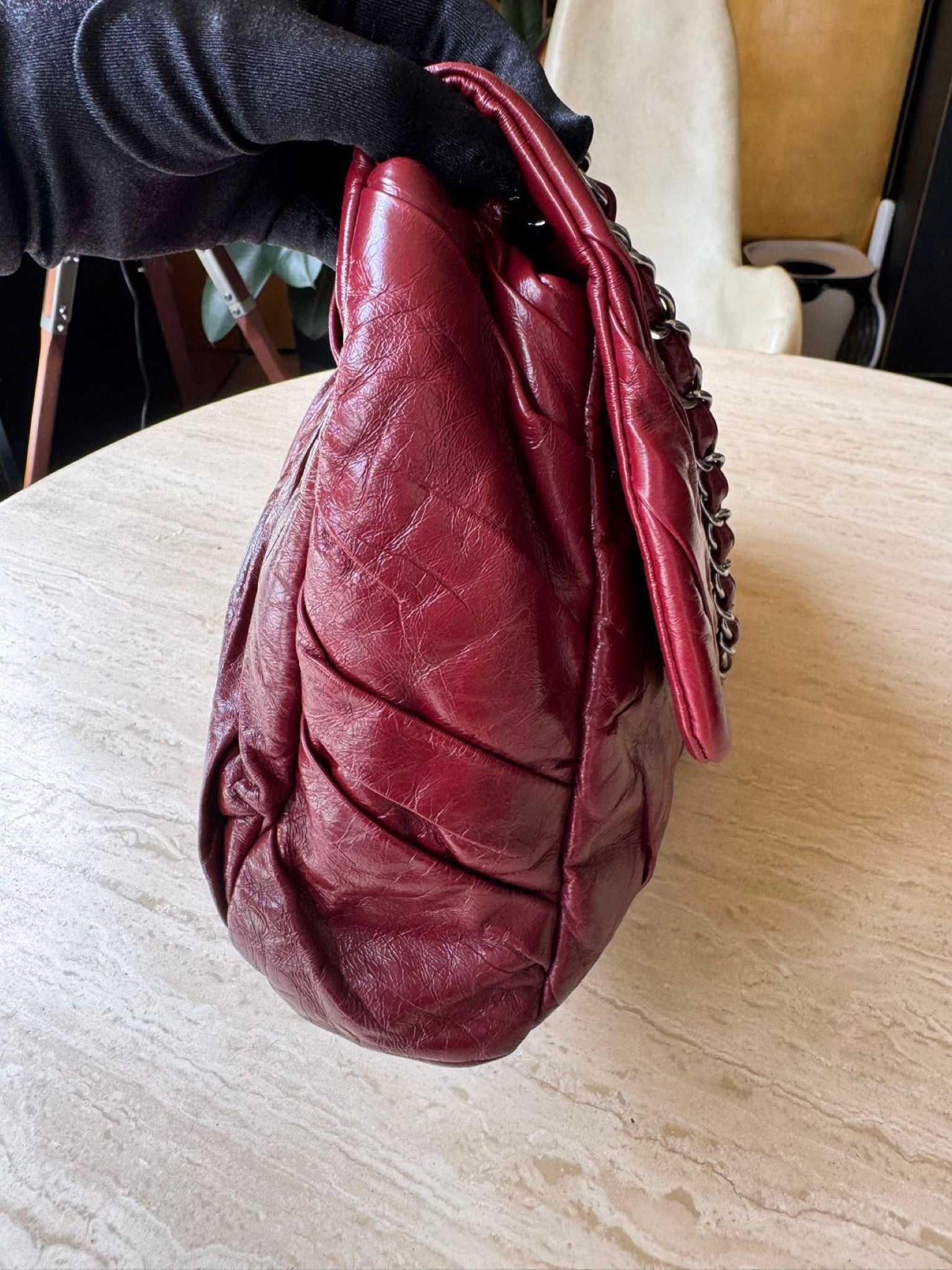 Chanel XXL Airport Flap Bag Burgundy Waxed Leather Silver Hardware image 6
