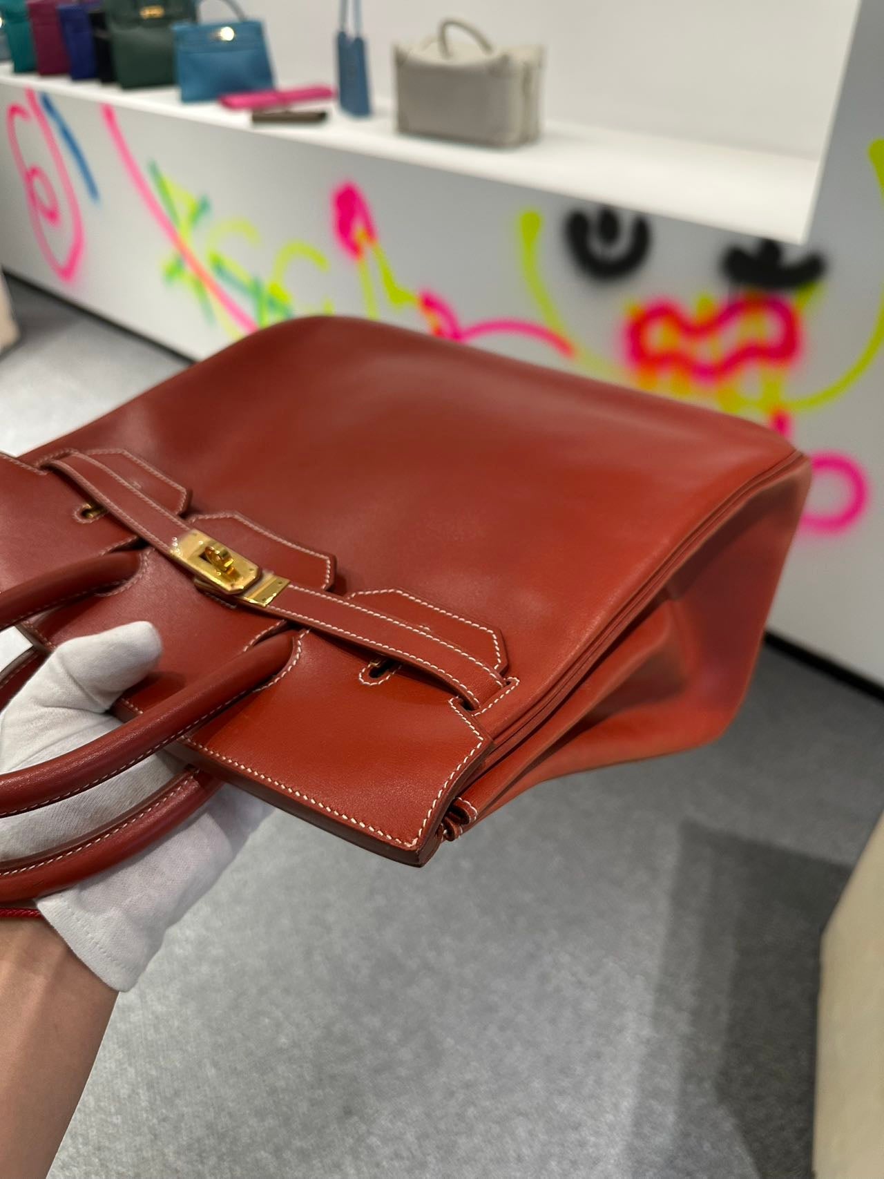 Hermès HAC 32 Brick Red Box Leather Stamp B Pristine Condition