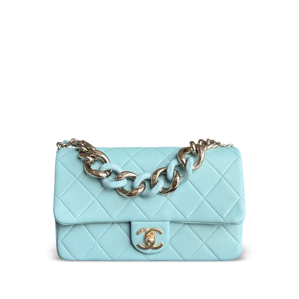 CHANEL 2020 ELEGANT RESIN CHAIN SEASONAL FLAP - QUILTED LAMBSKIN TIFFANY BLUE GHW NO 29 SYCM599