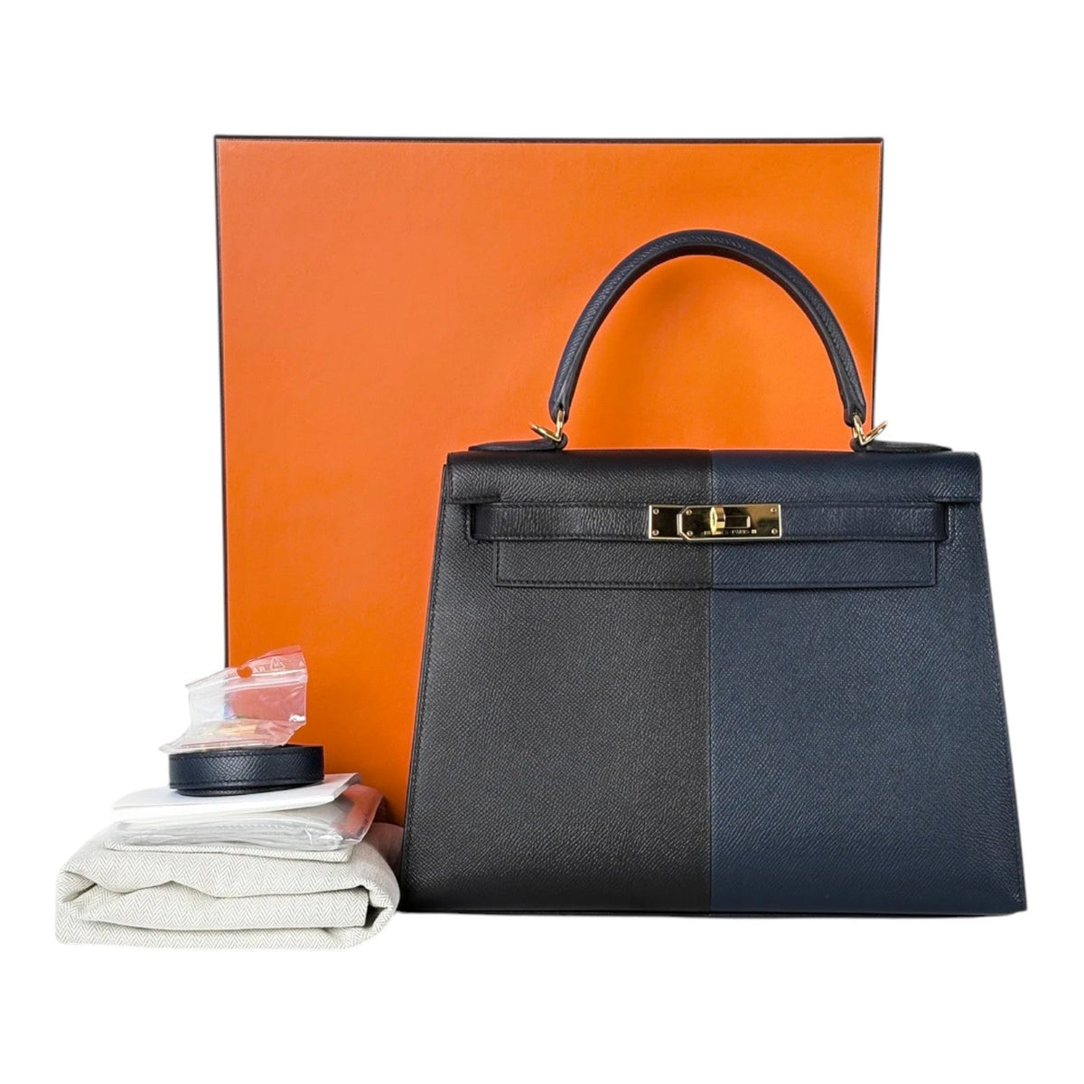 Hermes Limited Edition Kelly 28 Casaque in Black/Indigo Bag