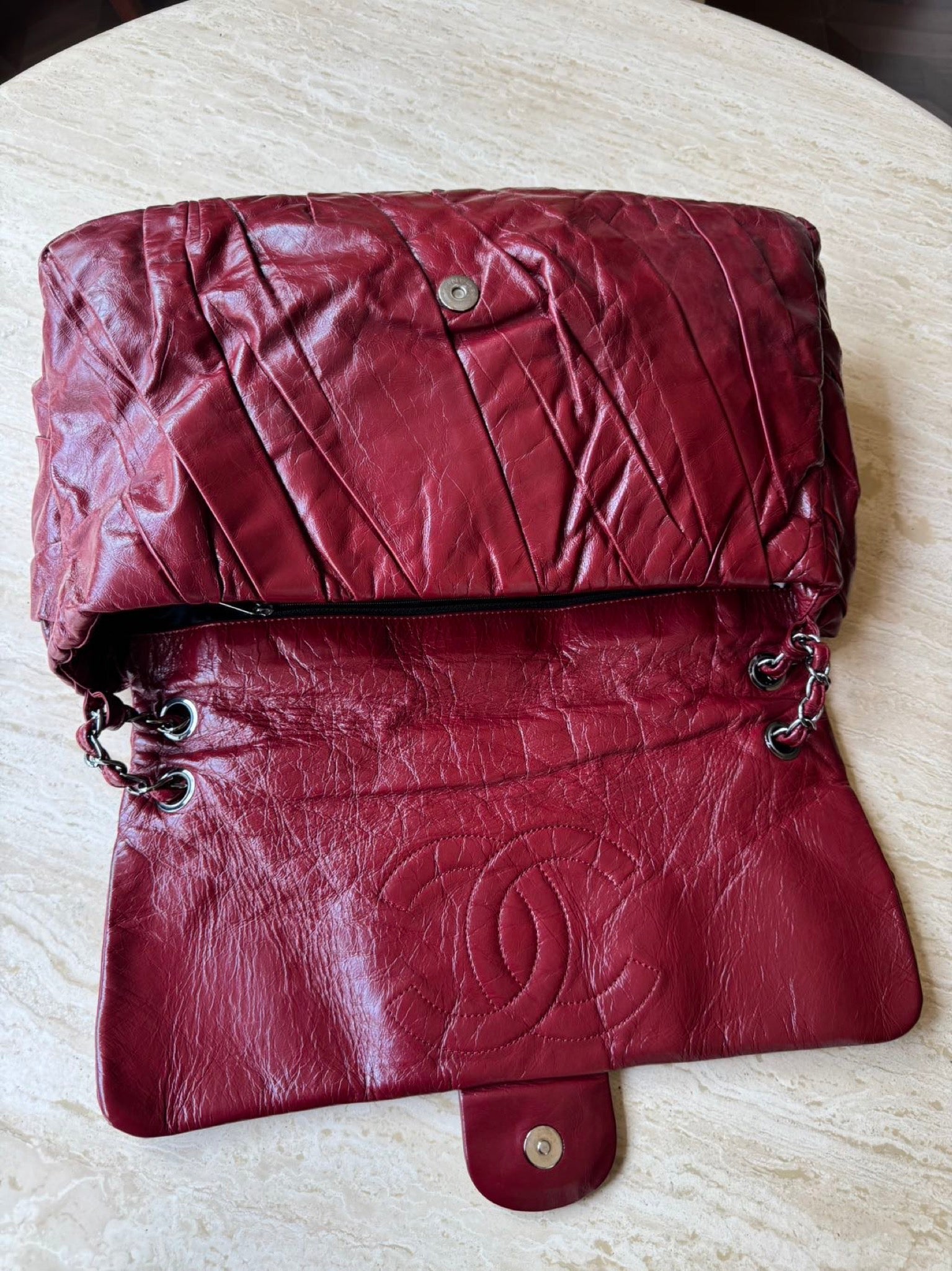 Chanel XXL Airport Flap Bag Burgundy Waxed Leather Silver Hardware image 10