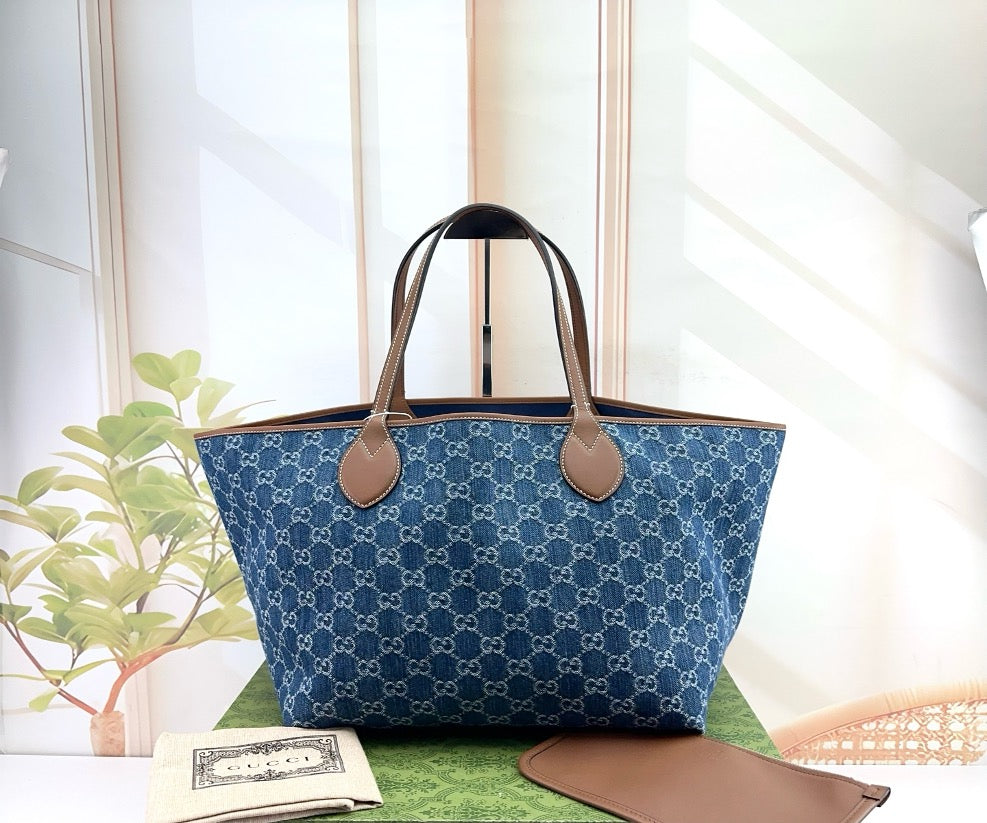Gucci Blue GG Denim Medium Tote Bag with Brown Trim 22952863