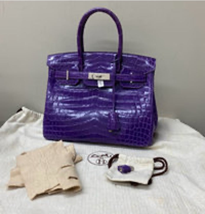 HERMES crocodile skin Birkin 30 grape purple and silver buckle handbag 3022605172824