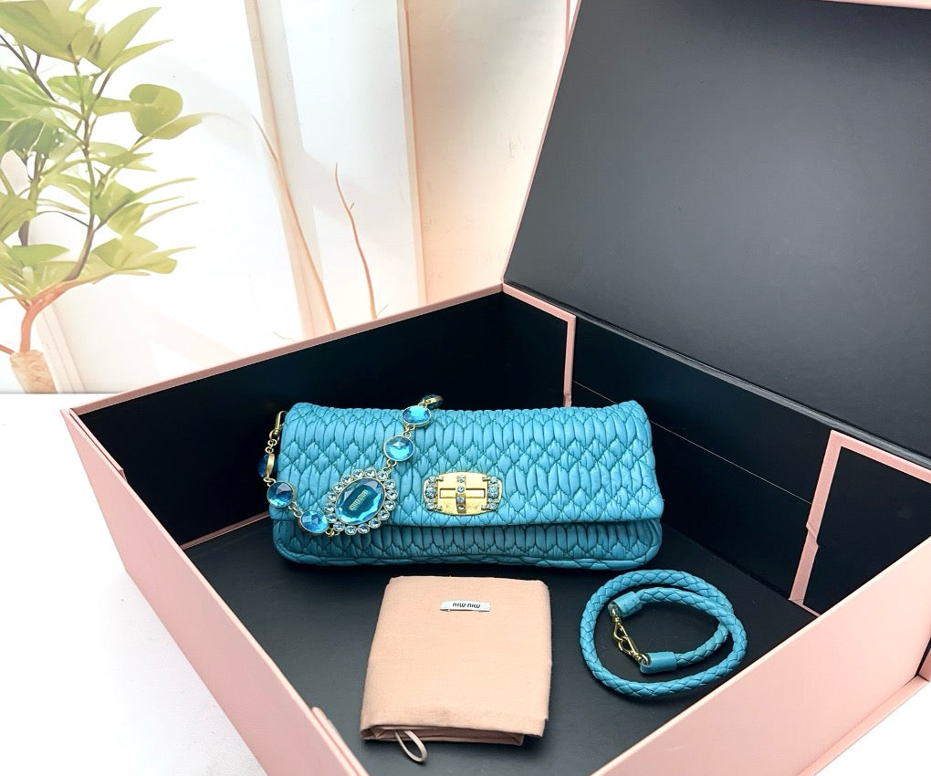 Miu Miu Turquoise Matelassé Crystal Shoulder Flap Bag 22539263