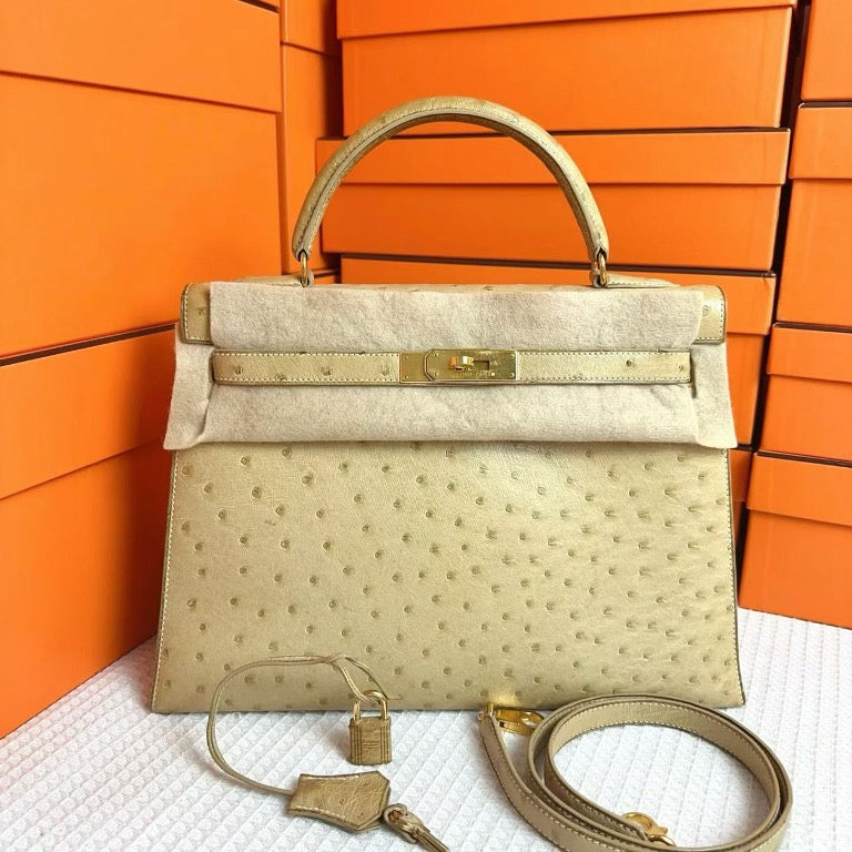 Hermes Vintage Kelly 32 Sellier Parchemin Ostrich GHW #W SYC2162