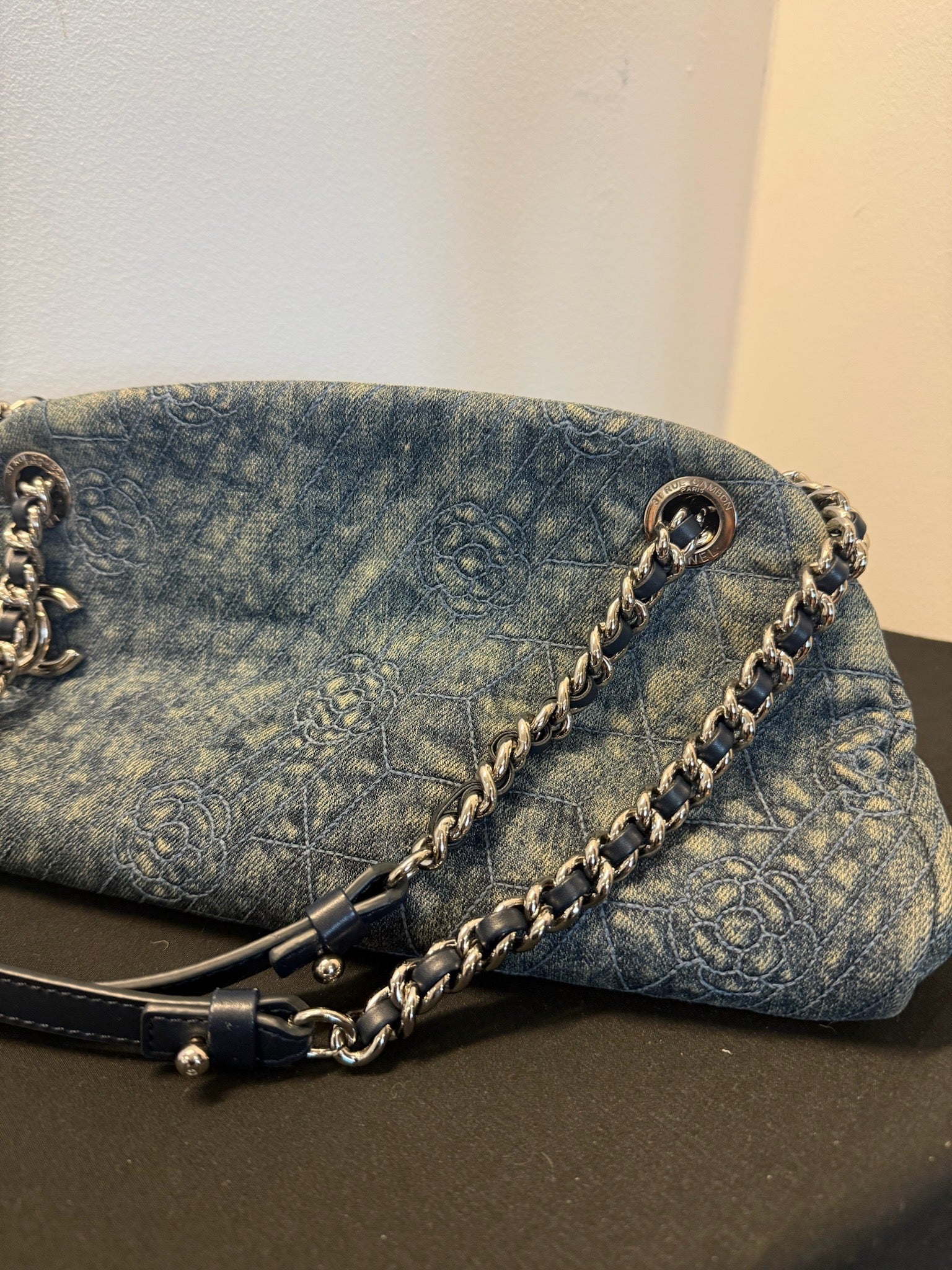 Chanel Denim Camellia Chain Shoulder Bag - Blue image 11
