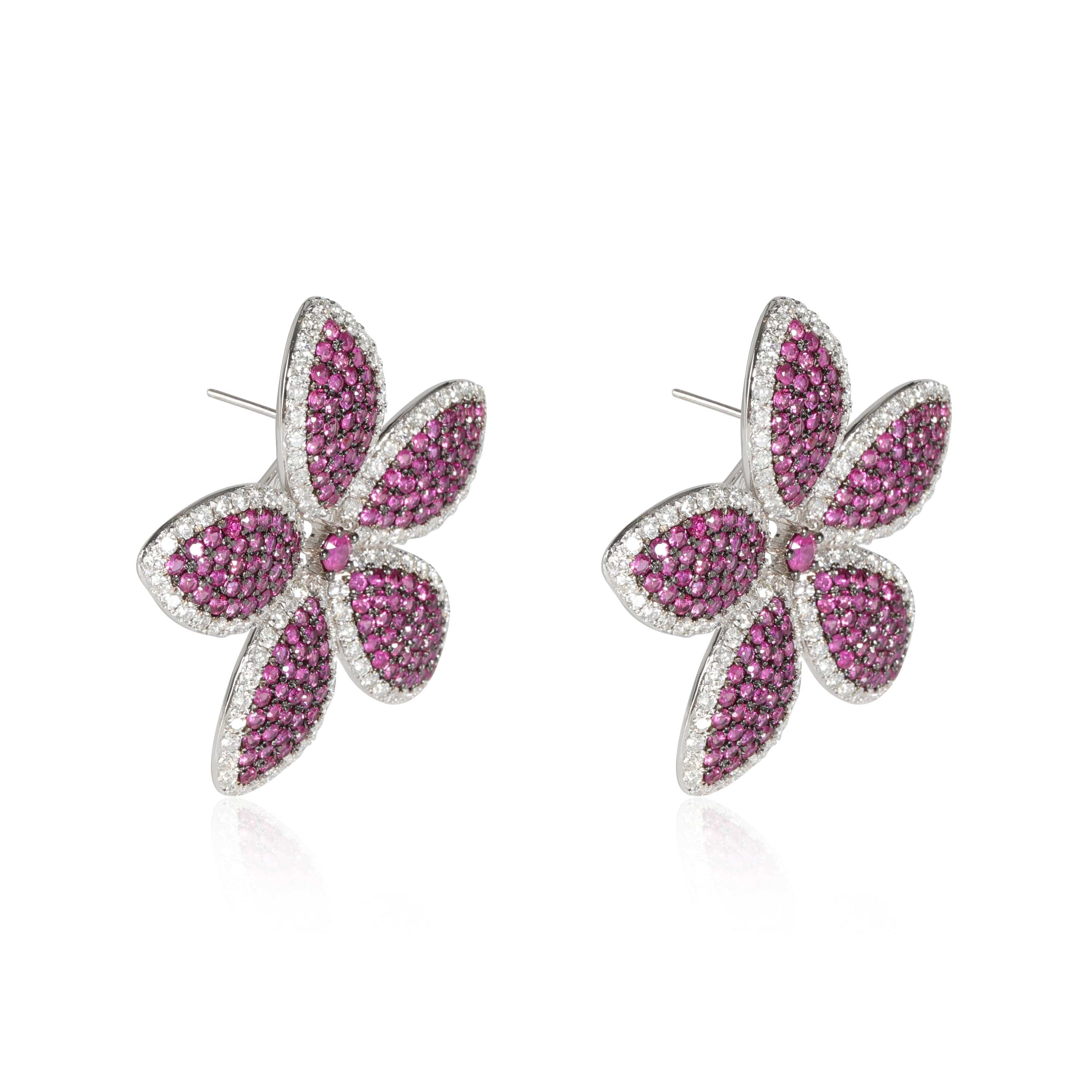 Ruby Diamond Five Petal Flower Earrings in 18K White Gold 5.75 Ctw