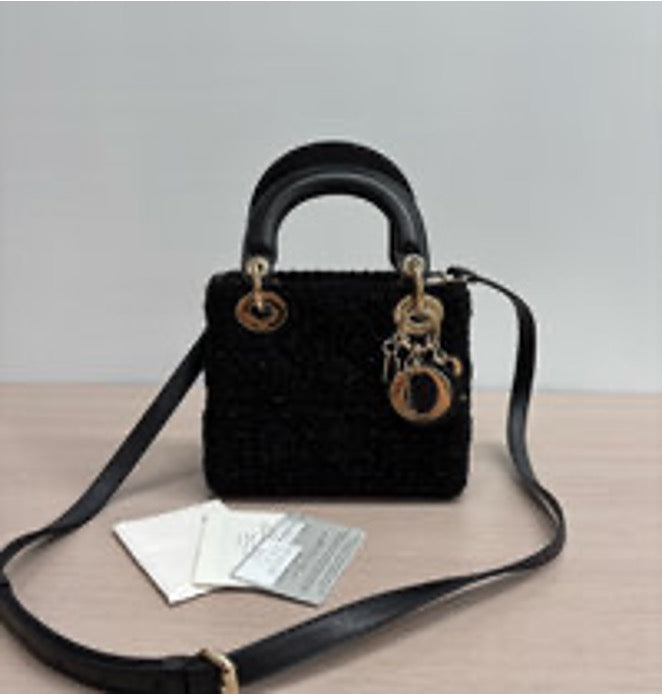 DIOR/Dior Black and Gold Tweed Three-Patch Lady Dior Handbag/Shoulder/Crossbody Bag 3042607265194