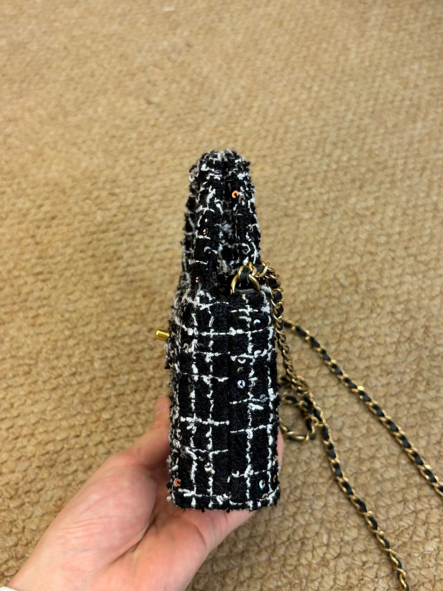 Chanel Tweed Quilted Nano Kelly Shopper Black White