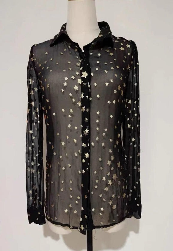 Valentino SPA Gold Star Silk Shirt, Size 38 SYCC2044