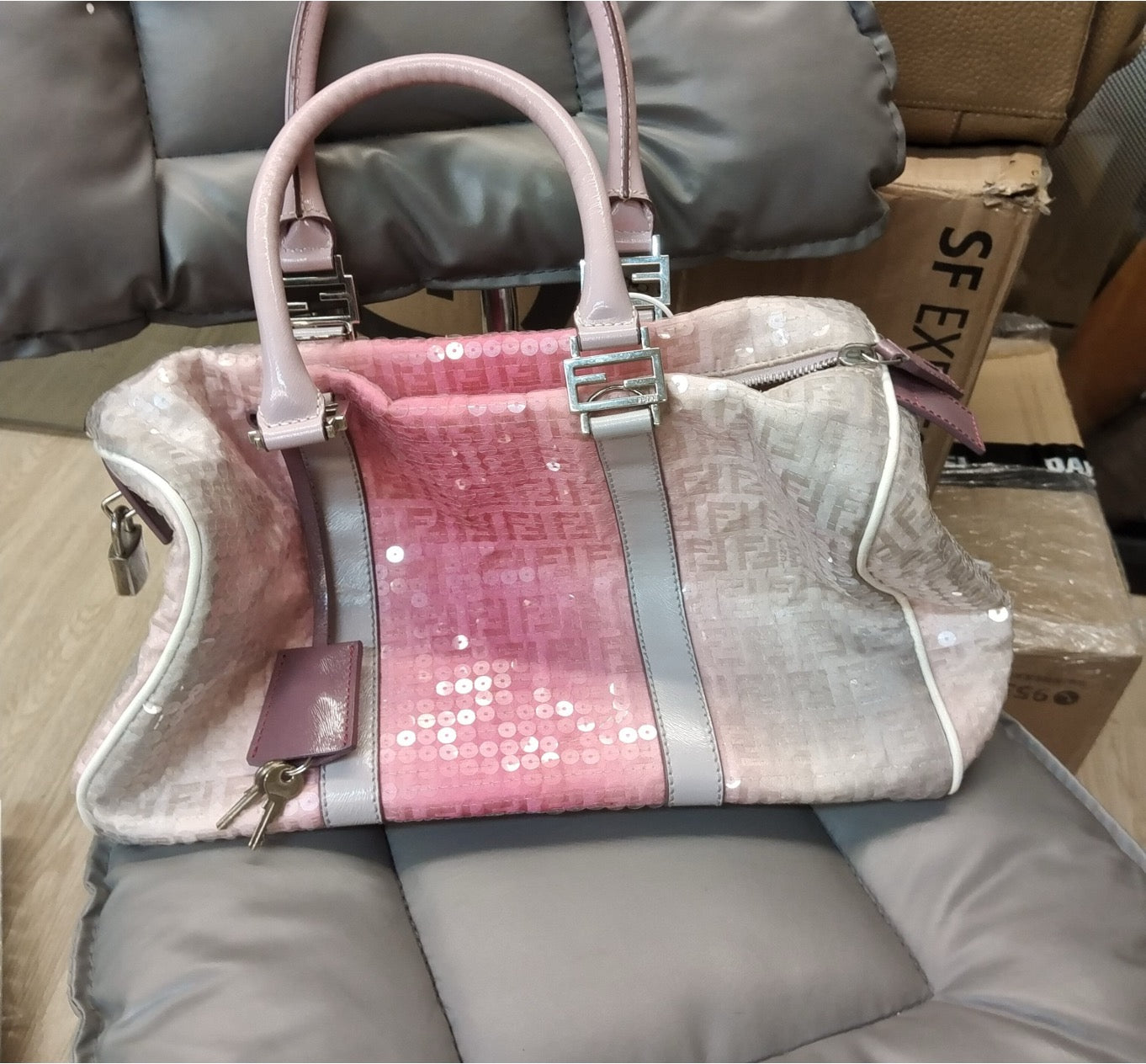 FENDI Cherry Blossom Gradient Pink Sequin Boston Handbag 30 23518644