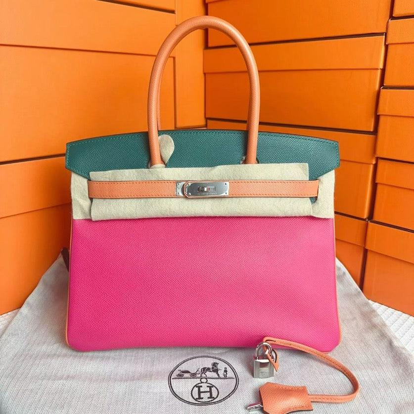 Hermes Birkin 30 in three colors: candy pink, velvet green, and apricot. Silver hardware with Q-engraving. SYC2164