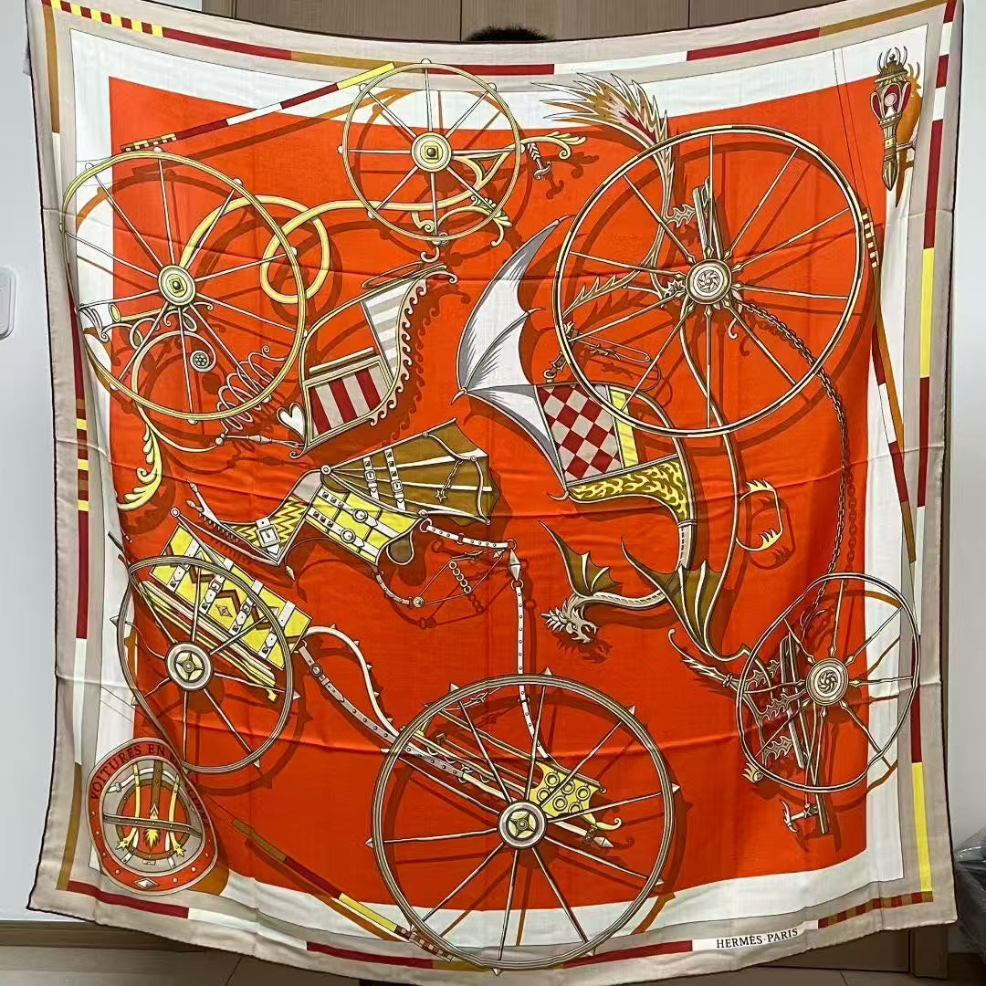 Hermès 140cm "Voitures en Equilibre" Cashmere-Silk Shawl