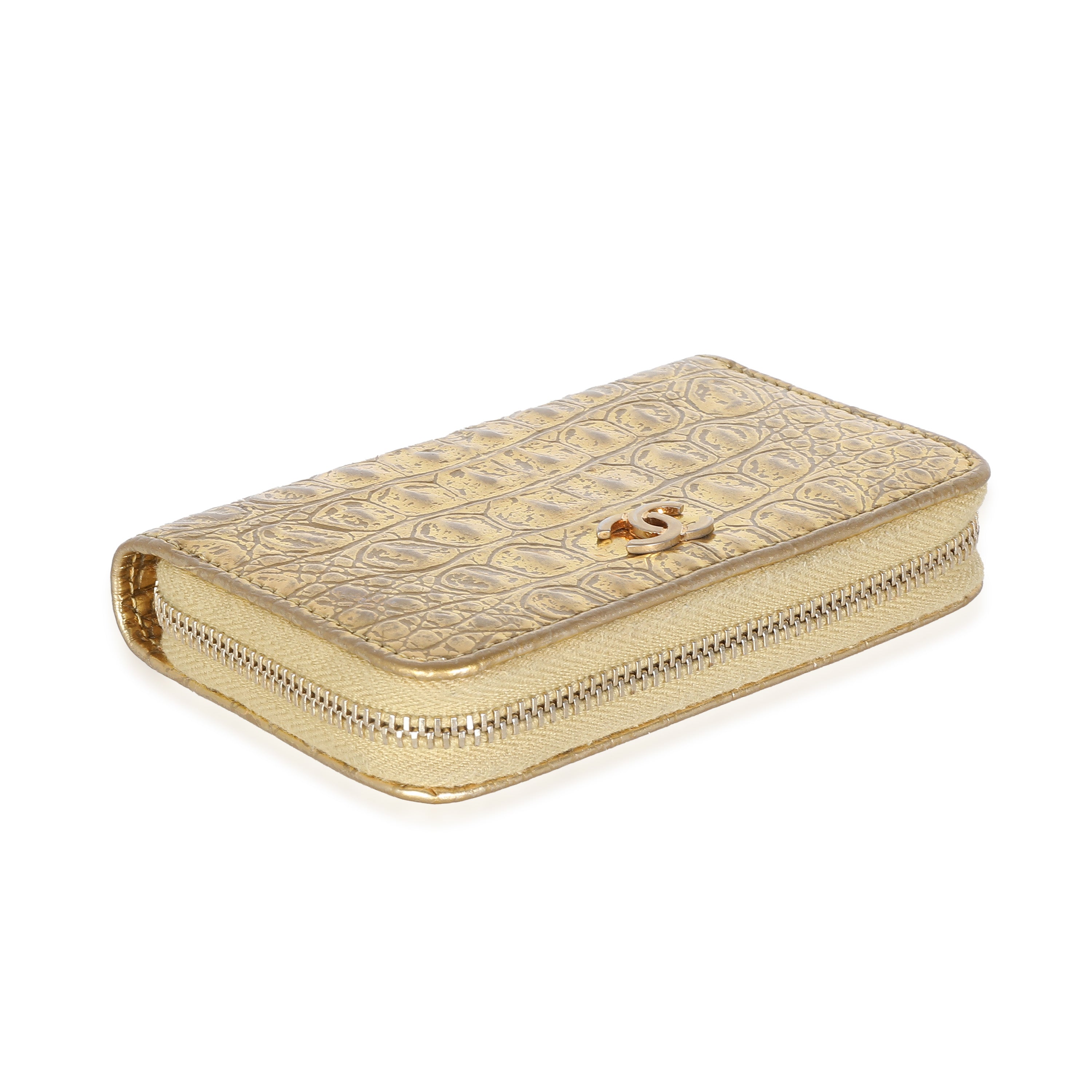 Chanel Gold Metallic Croc Embossed Calfskin Zip Around Card Case