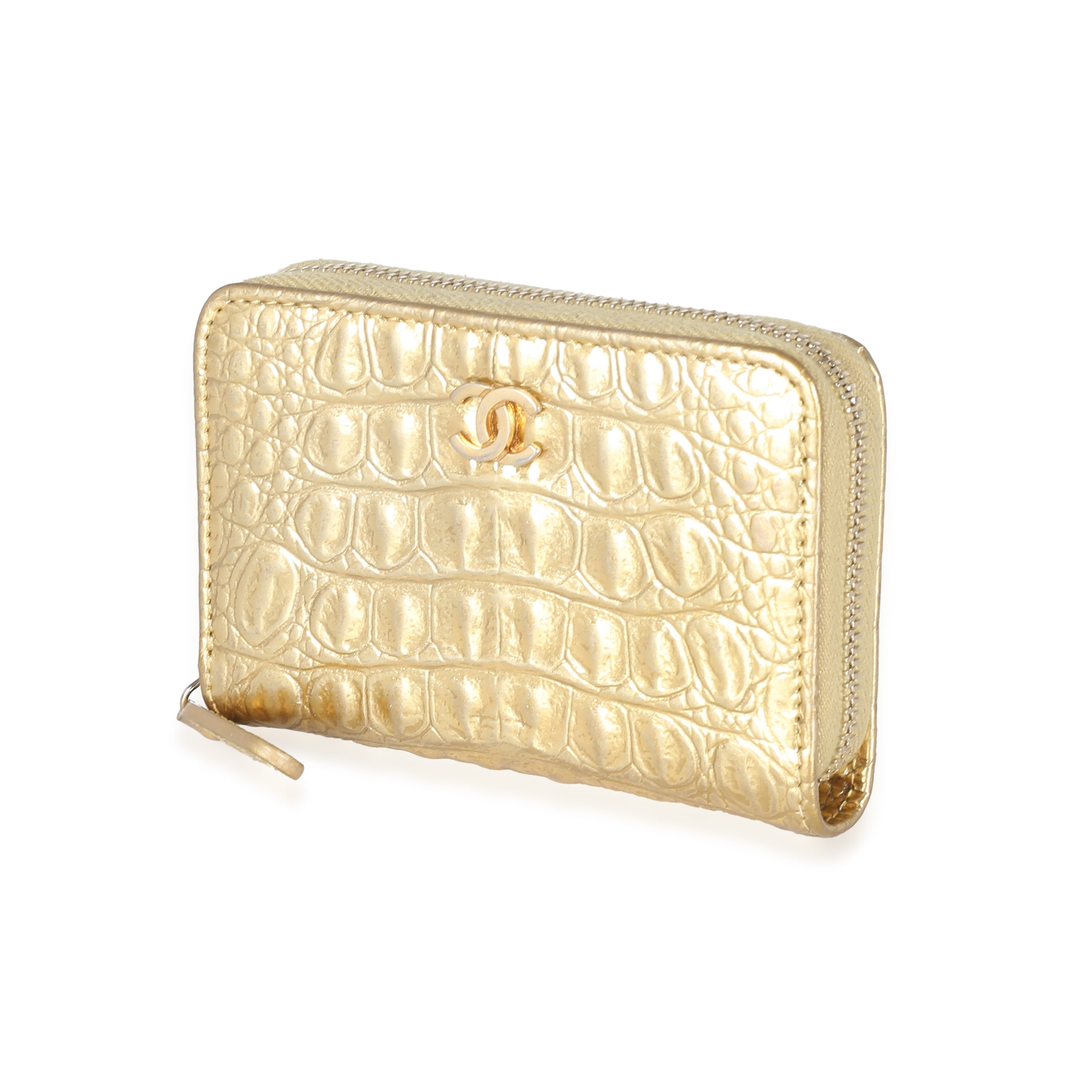 Chanel Gold Metallic Croc Embossed Calfskin Zip Around Card Case