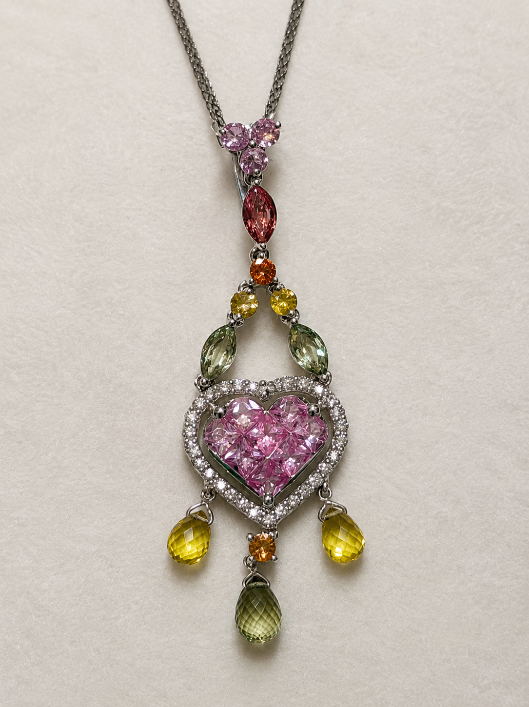 44.5cm Necklace in 750WG - Pink Sapphire heart 3.06 + D0.15 + multi 4168 JJC1371