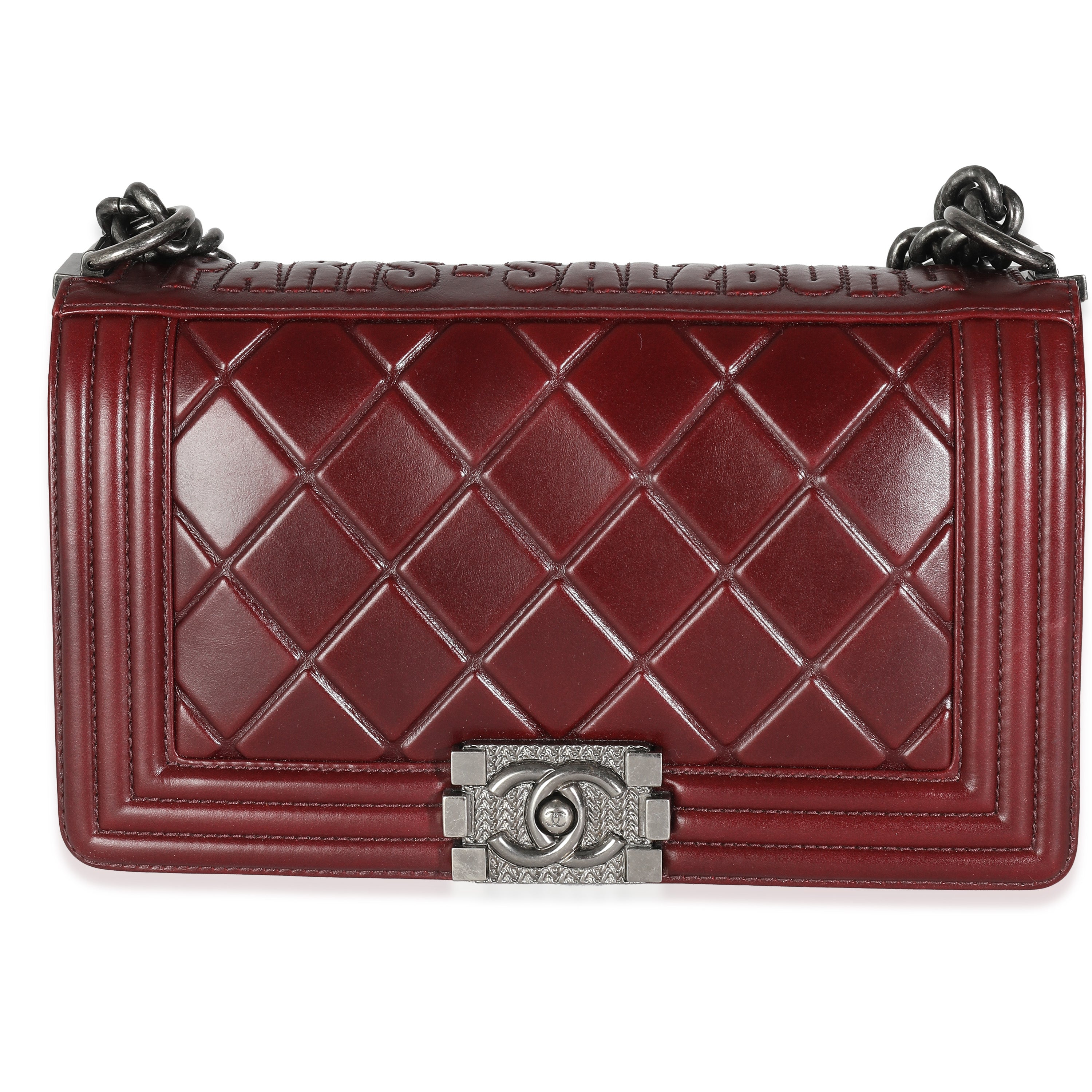 Chanel Burgundy Embossed Calfskin Paris Salzburg Medium Boy Bag