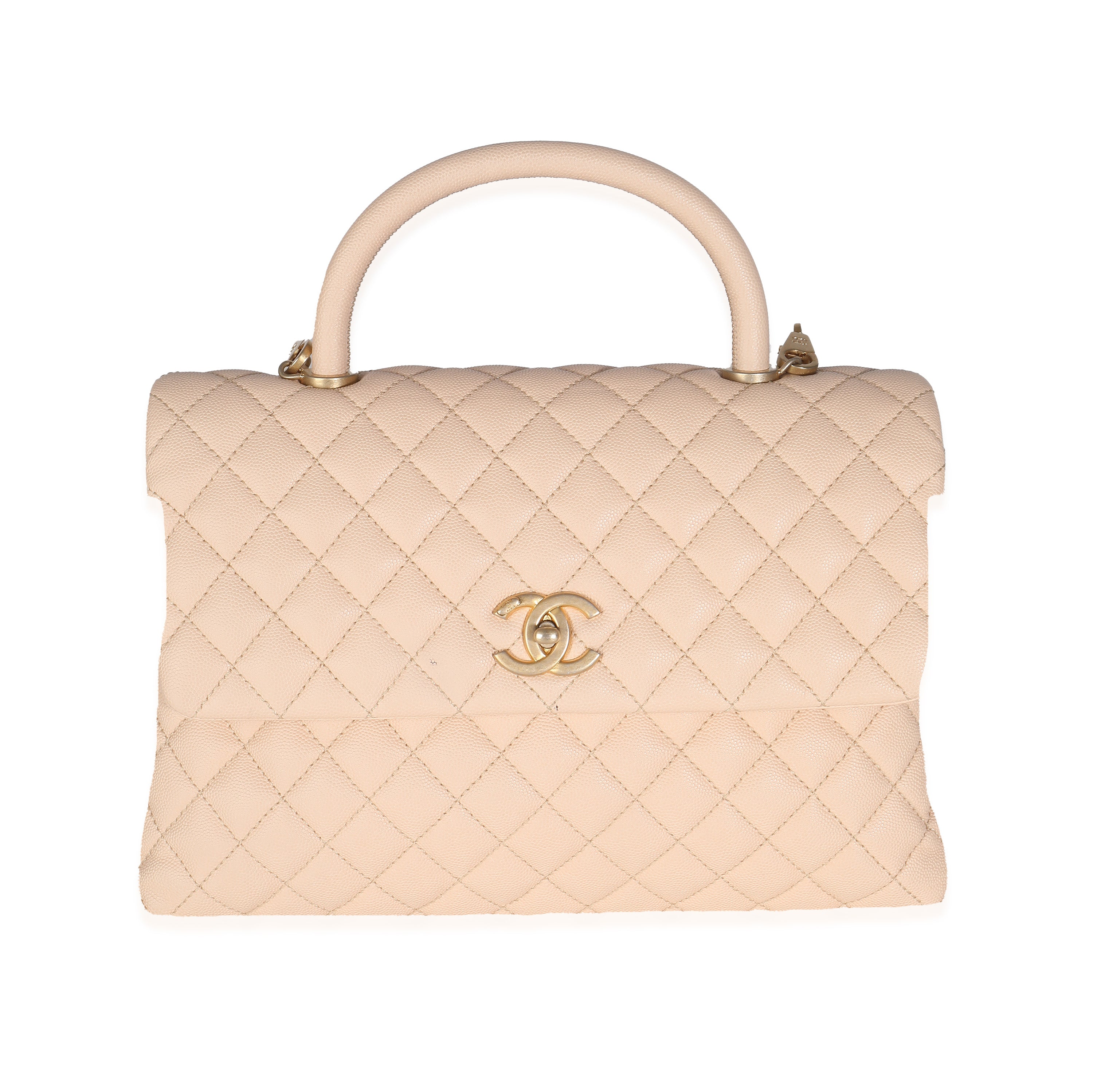 Beige Quilted Caviar Medium Coco Top Handle Handbag