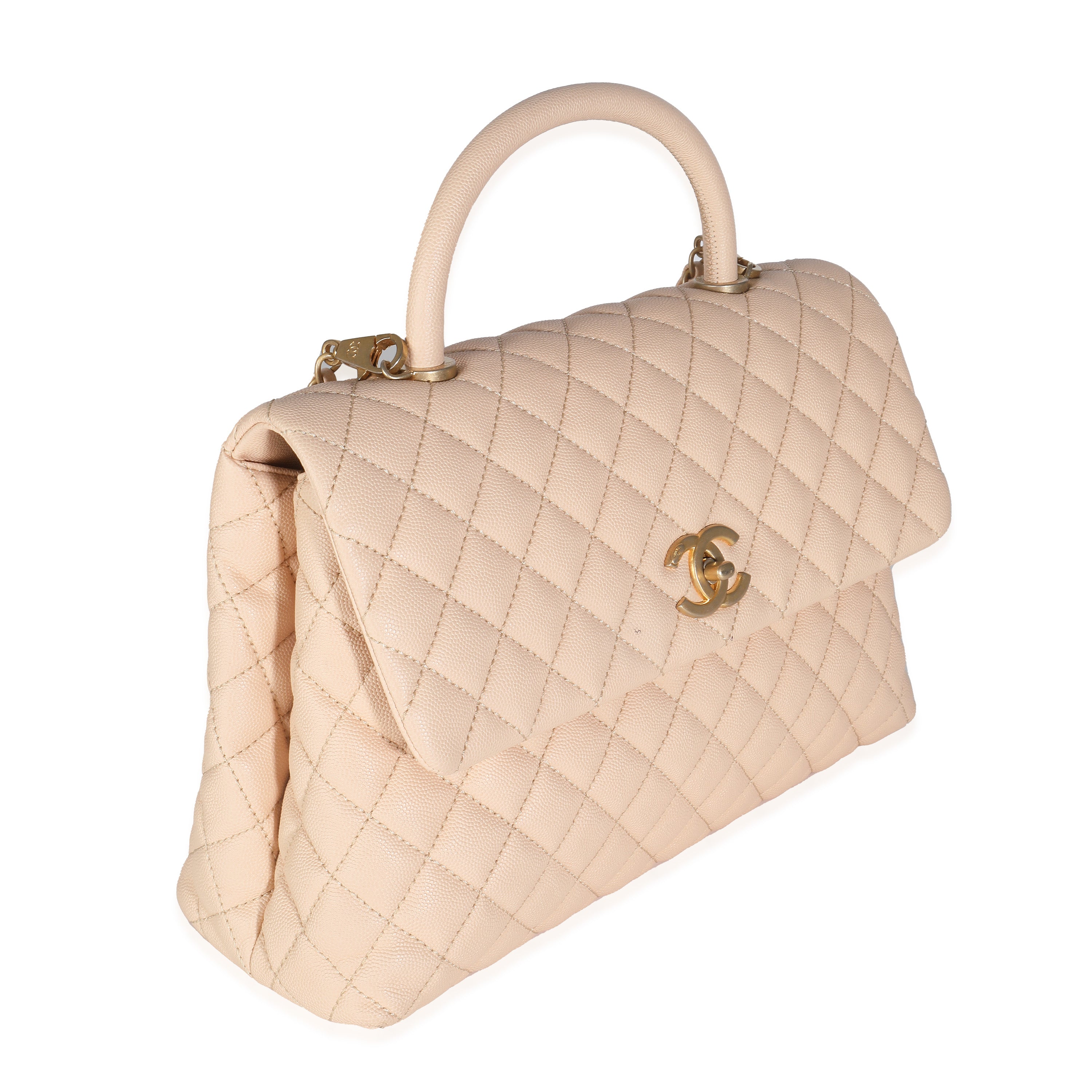 Beige Quilted Caviar Medium Coco Top Handle Handbag