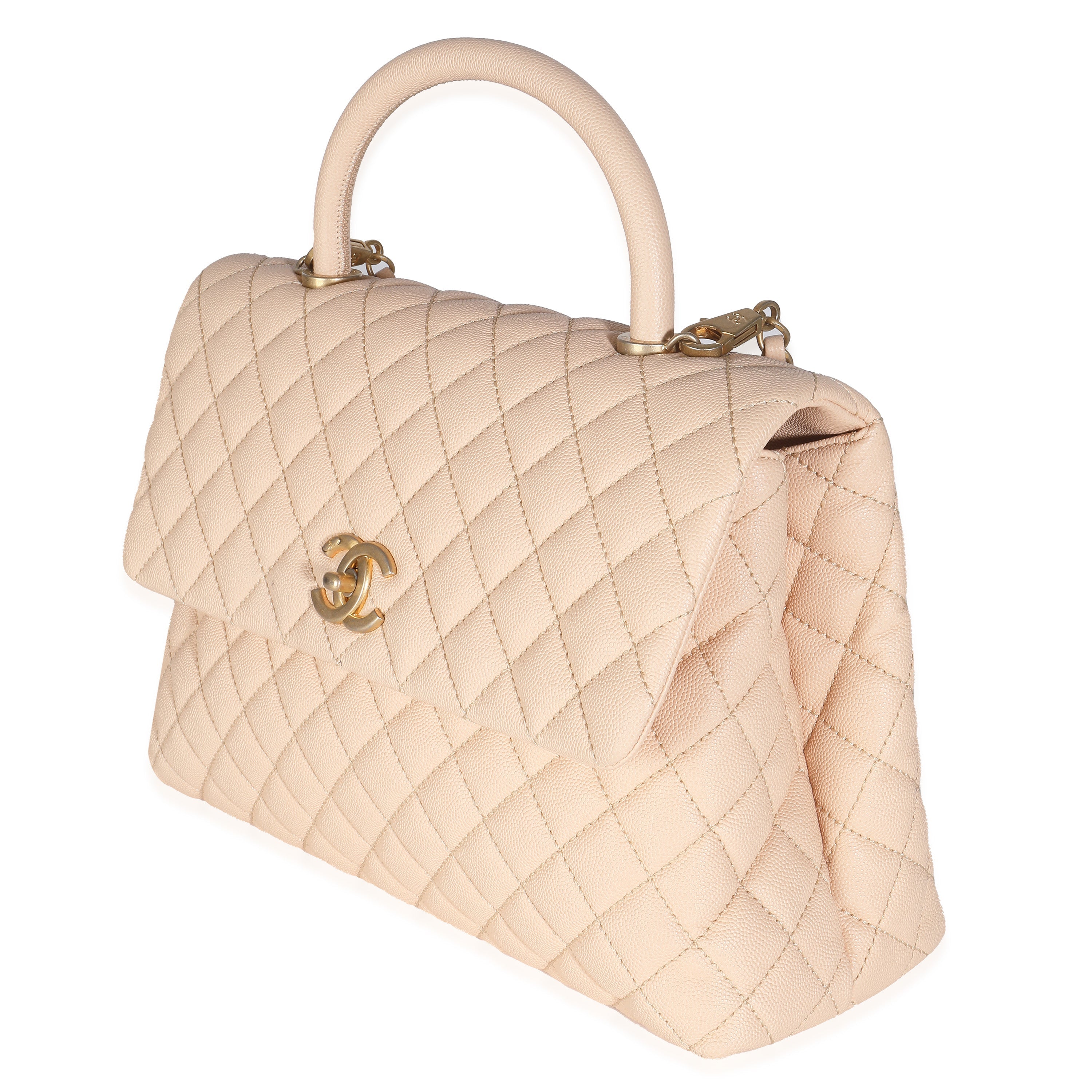 Beige Quilted Caviar Medium Coco Top Handle Handbag