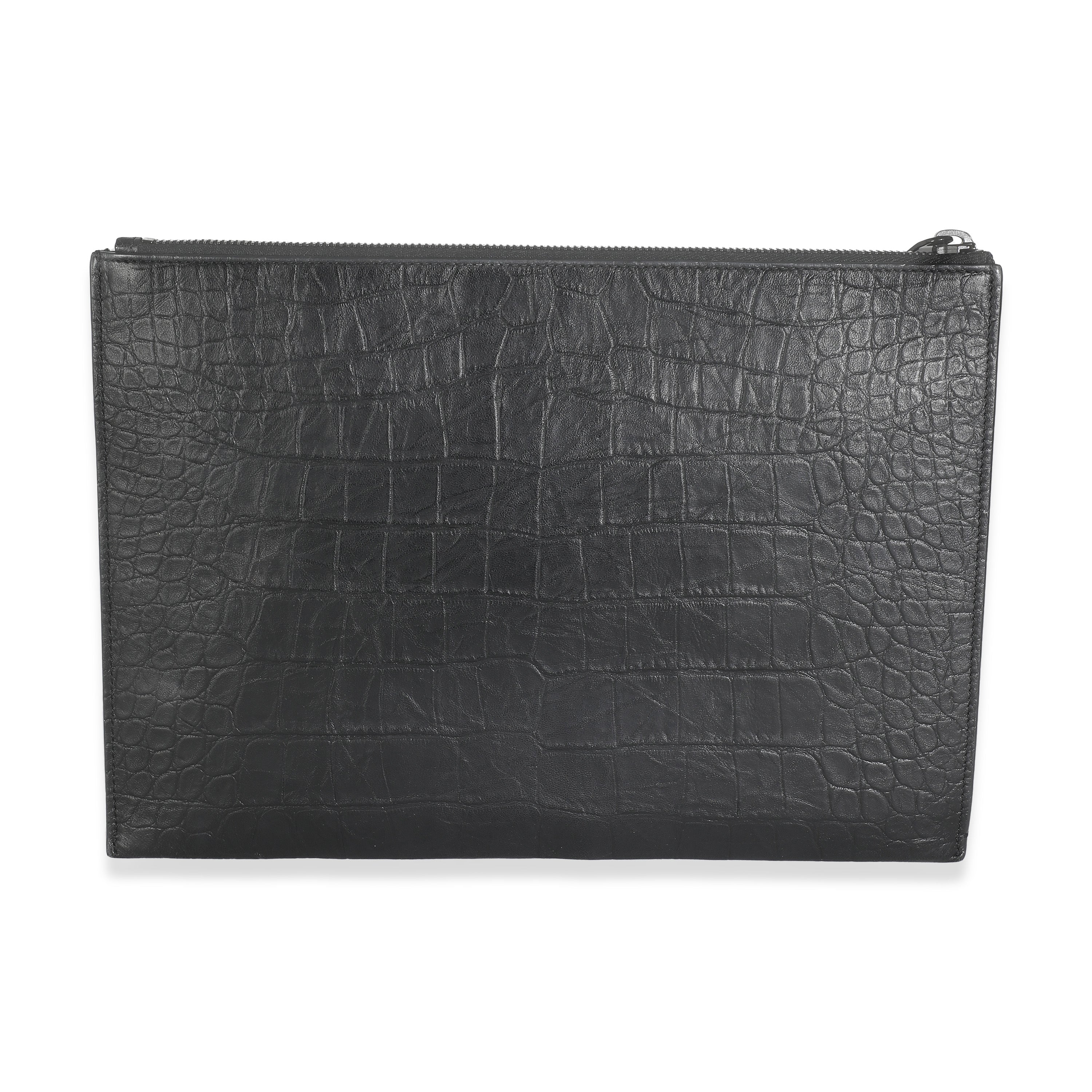 Black Calfskin Crocodile Embossed Cassandre Zipped Tablet Holder