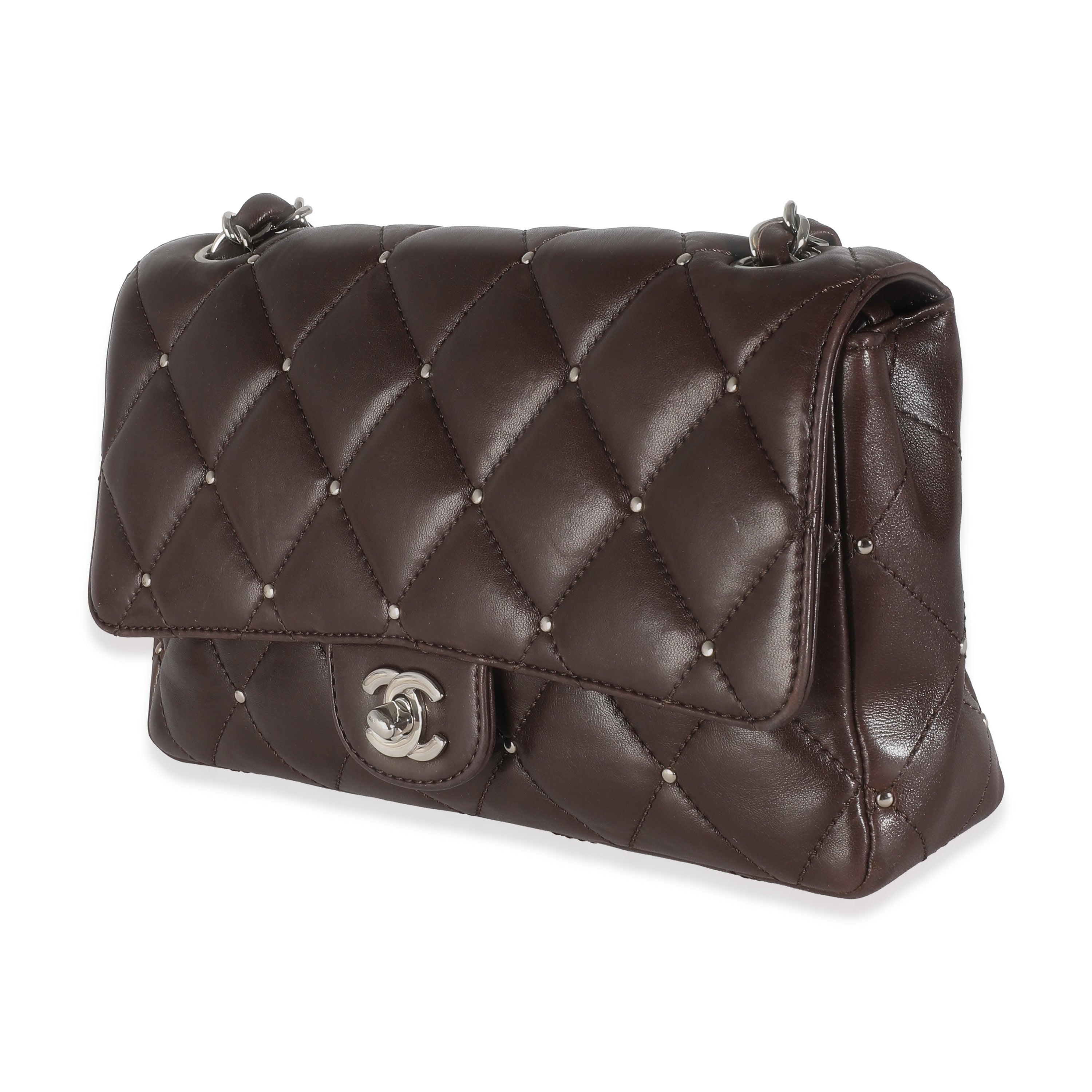 Brown Quilted Studded Lambskin Medium Single Flap Bag