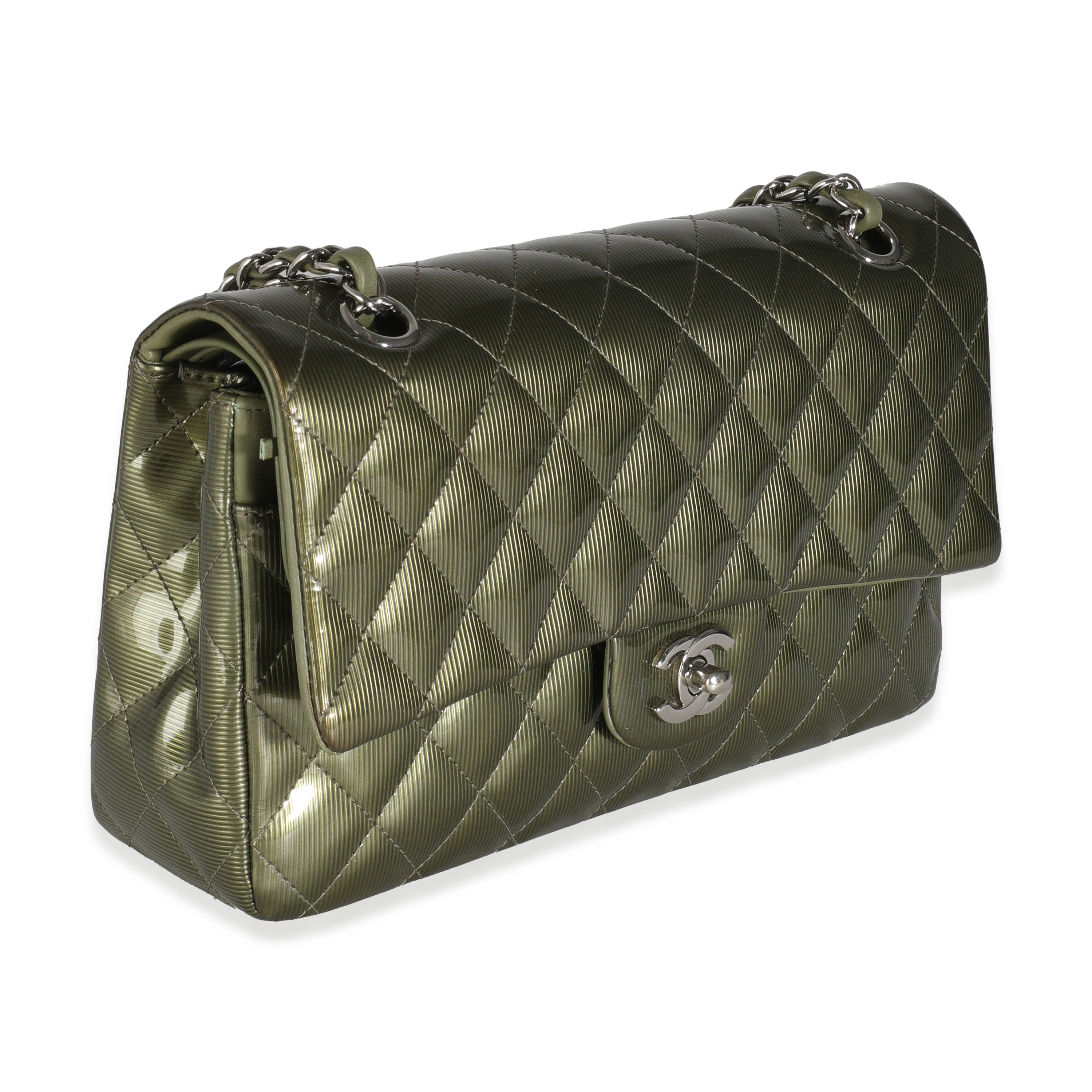 Green Striated Quilted Patent Medium Classic Double Flap Bag