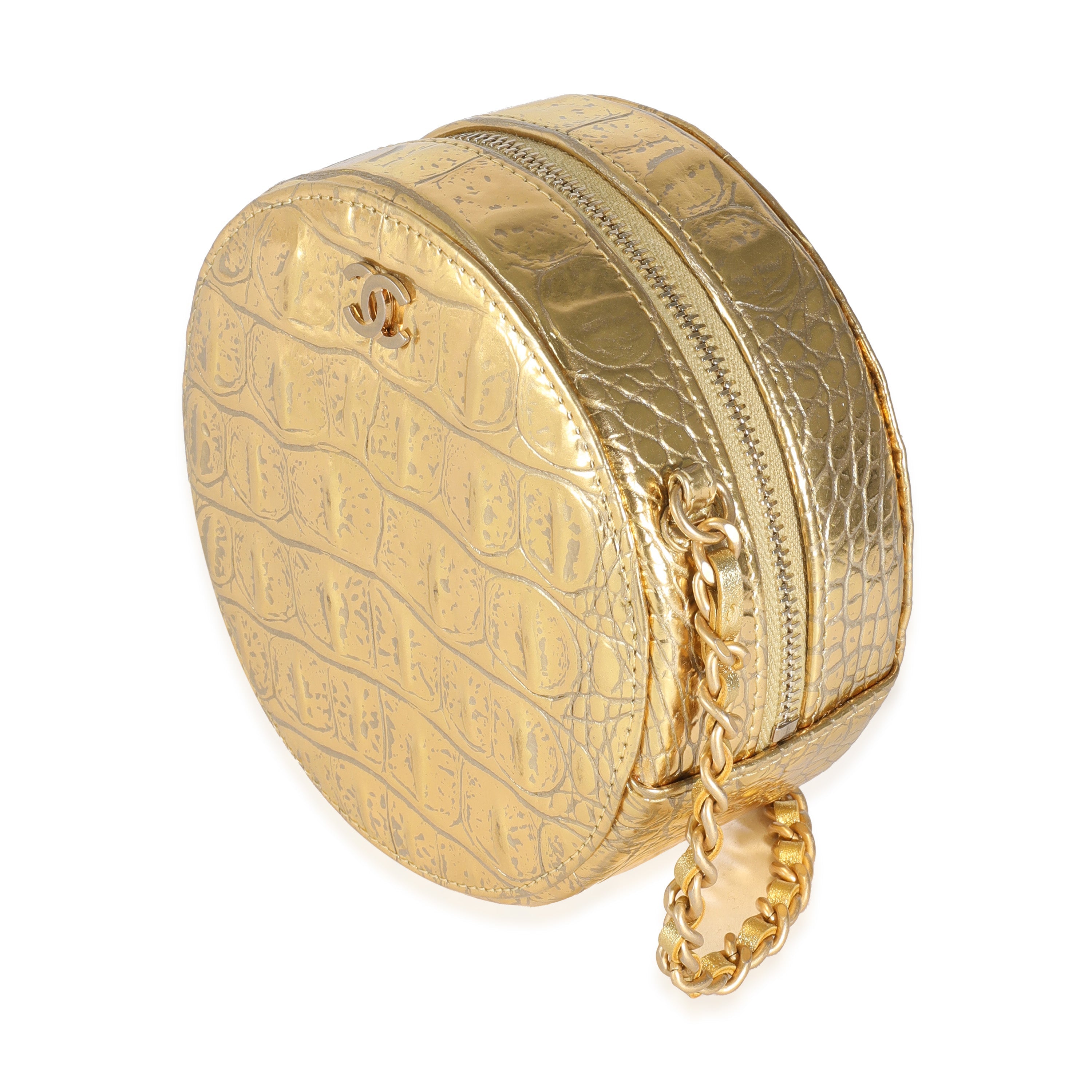 Metallic Gold Croc Embossed Calfskin Round Clutch On Chain